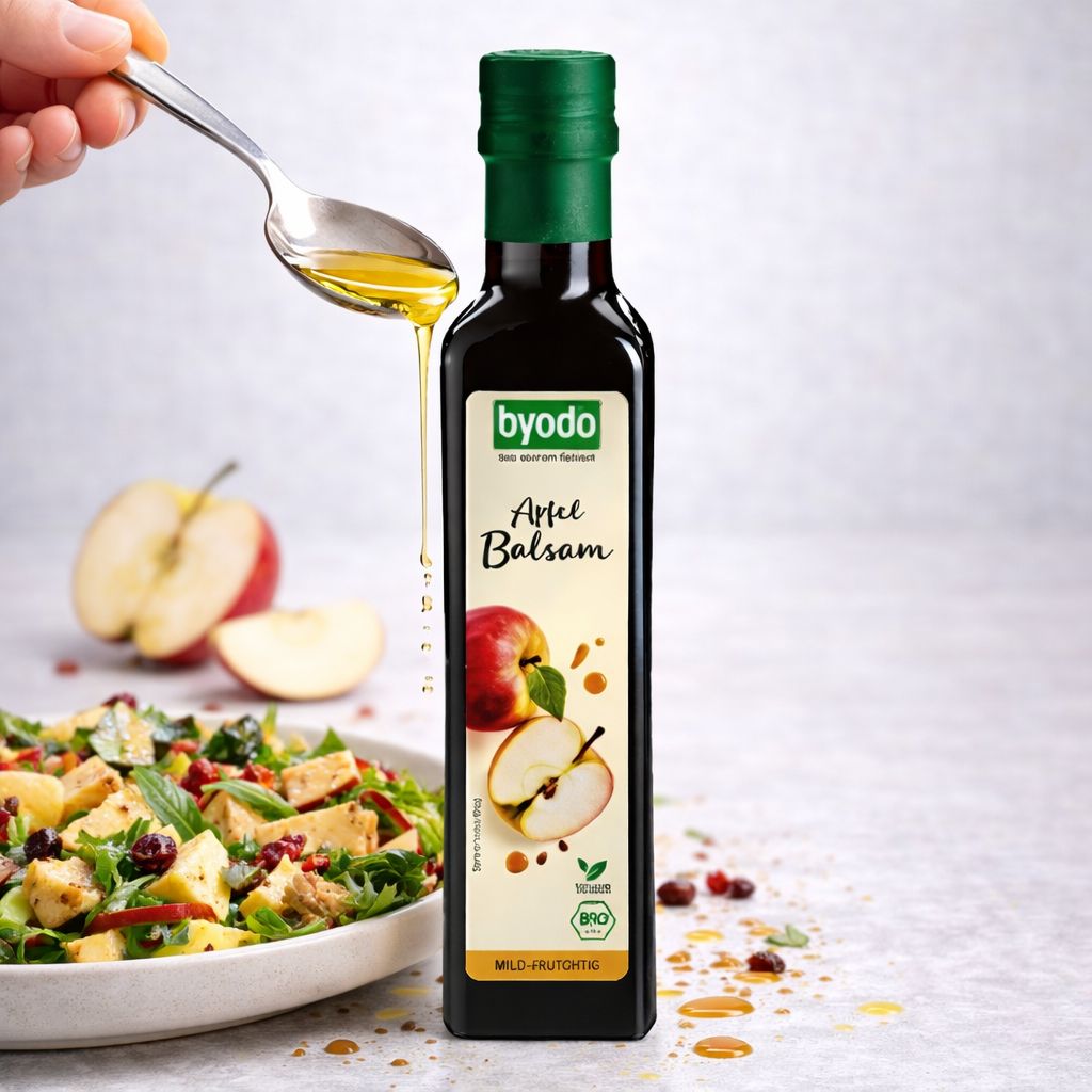 Byodo Apfel Balsam Flasche neben einer Schüssel Salat. Ein Löffel träufelt Balsamico darüber.