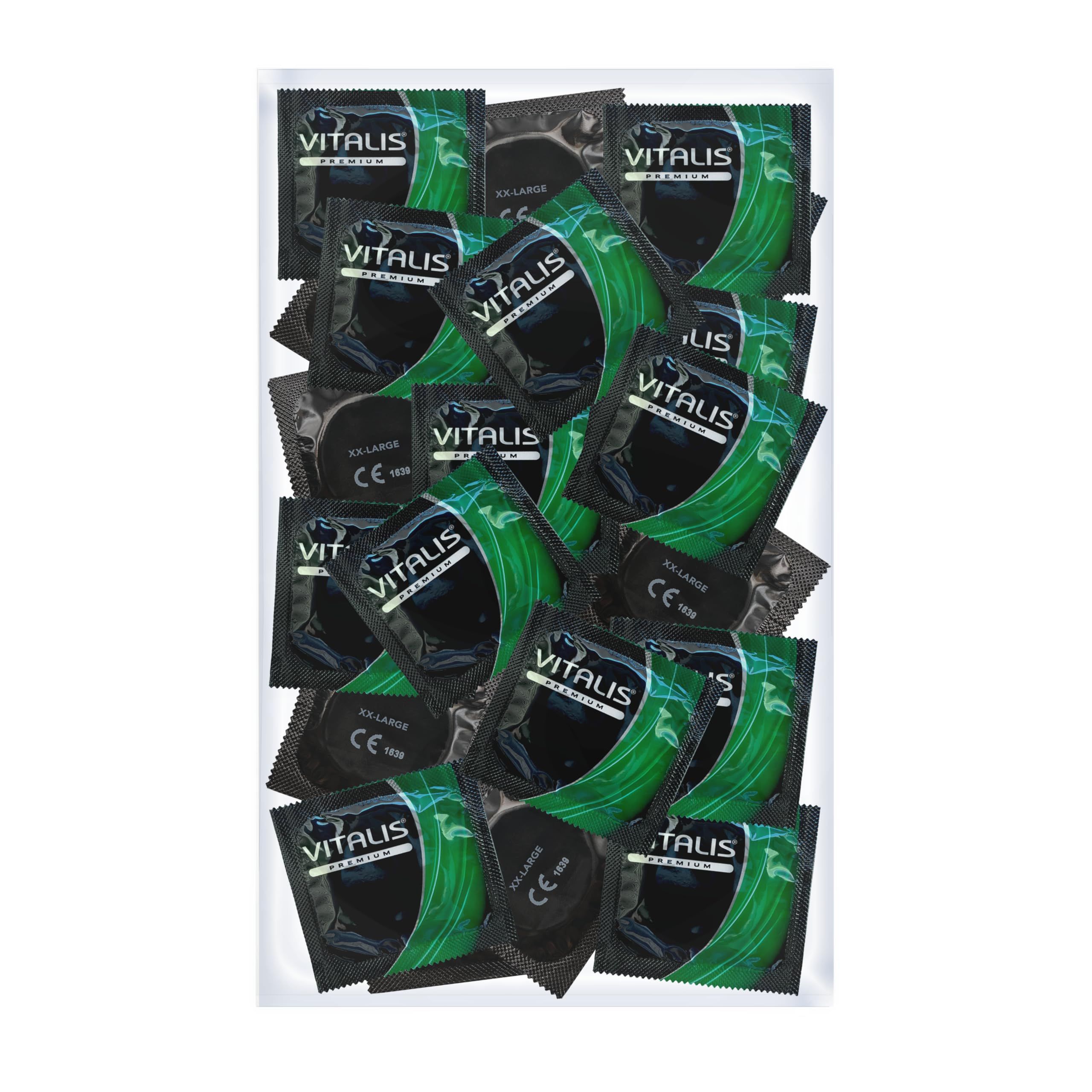 Vitalis Kondome XXL 60mm: Viele einzeln verpackte Kondome in schwarzer und grüner Folie mit Logo.