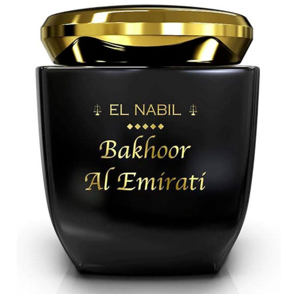Schwarzer Flakon mit goldfarbenem Deckel. Aufschrift: EL NABIL, Bakhoor Al Emirati.