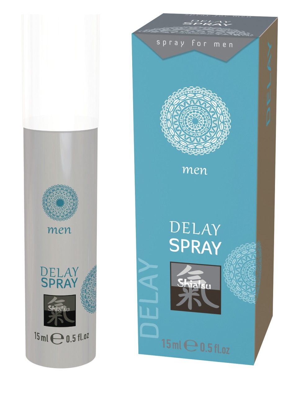 Graue Sprühflasche und türkisfarbene Verpackung. Aufschrift: men, Delay Spray, Shiatsu. Volumen: 15 ml / 0.5 fl.oz.