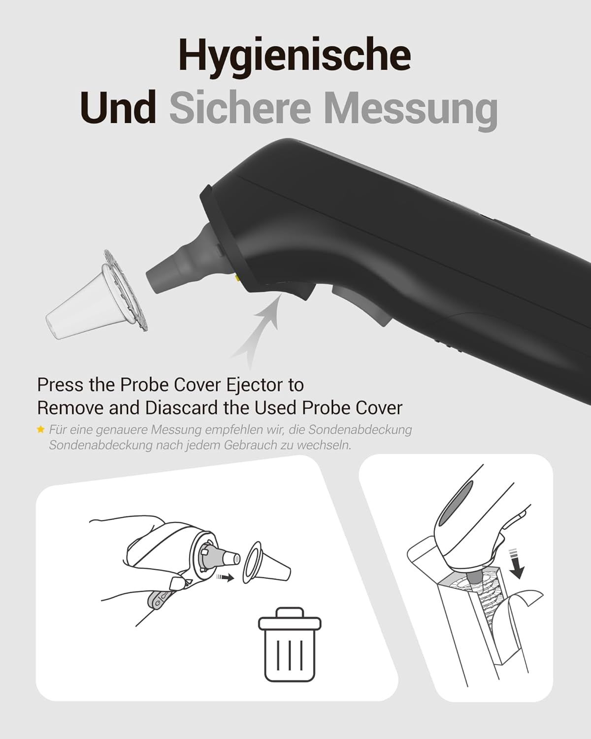 Ohrthermometer mit Zubehör. Zeigt das Entfernen der Schutzkappe. Text: Hygienische und sichere Messung. Probe Cover Ejector.
