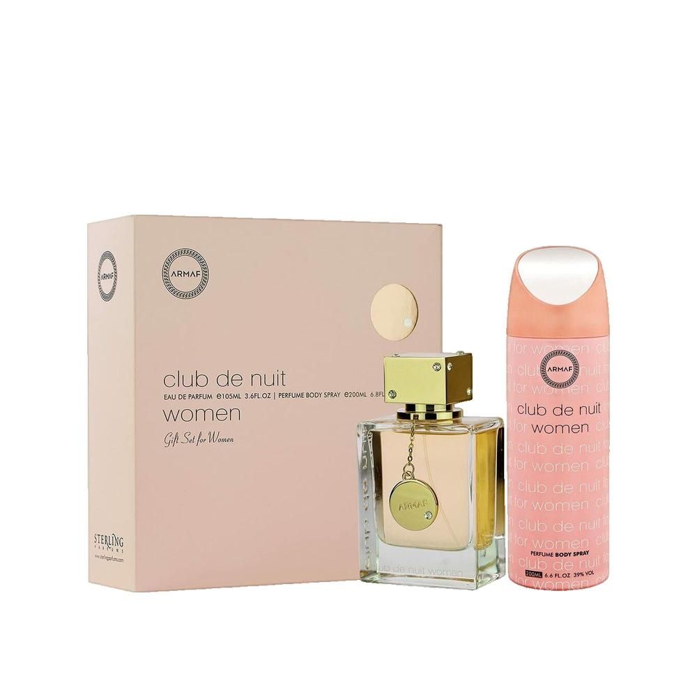 Geschenkset mit Parfümflasche und Körperspray. Rosa Verpackung mit Text. Logo: Armaf.