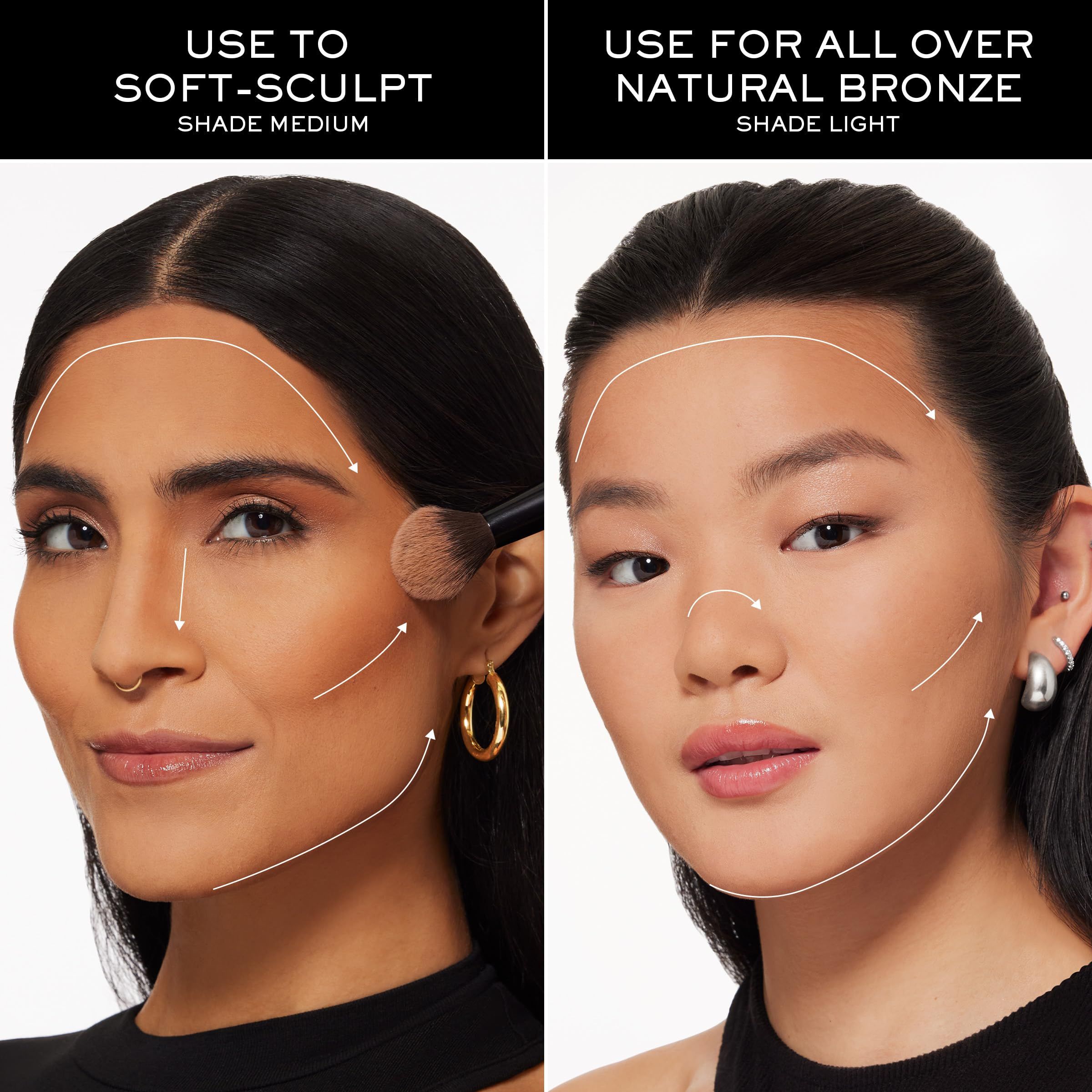 Zwei Frauen mit Make-up-Anwendungen. Text: Weich modellieren, natürliches Bronze. Pinsel und Pfeile zeigen die Anwendung.