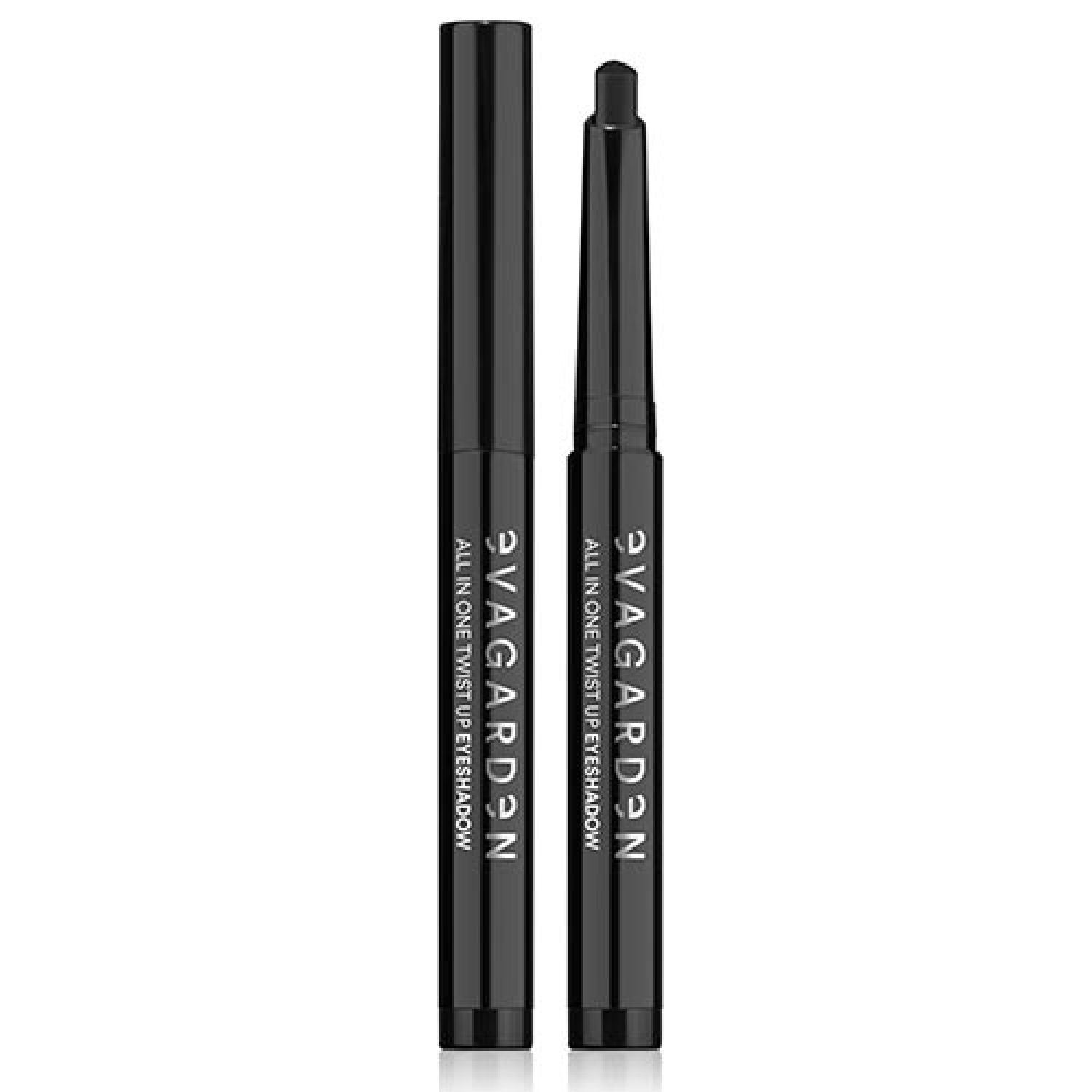 Schwarzer Eyeshadow-Stift mit schwarzer Kappe. Aufschrift: "EVAGARDEN ALL IN ONE TWIST UP EYESHADOW".