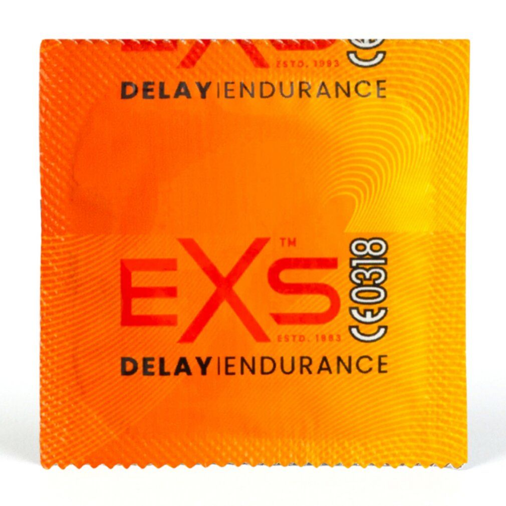 Einzelverpackung eines EXS Delay Endurance Kondoms, orange mit Logo.