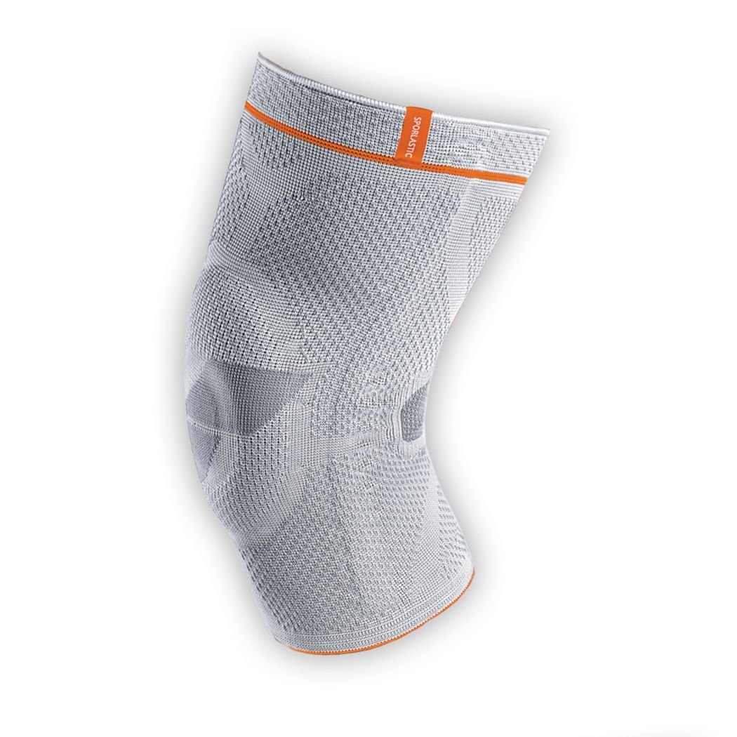Kniebandage Sporlastic Genu-Hit RS. Grau, mit orangefarbenem Akzent. Offene Kniepartie. Text: Sporlastic.