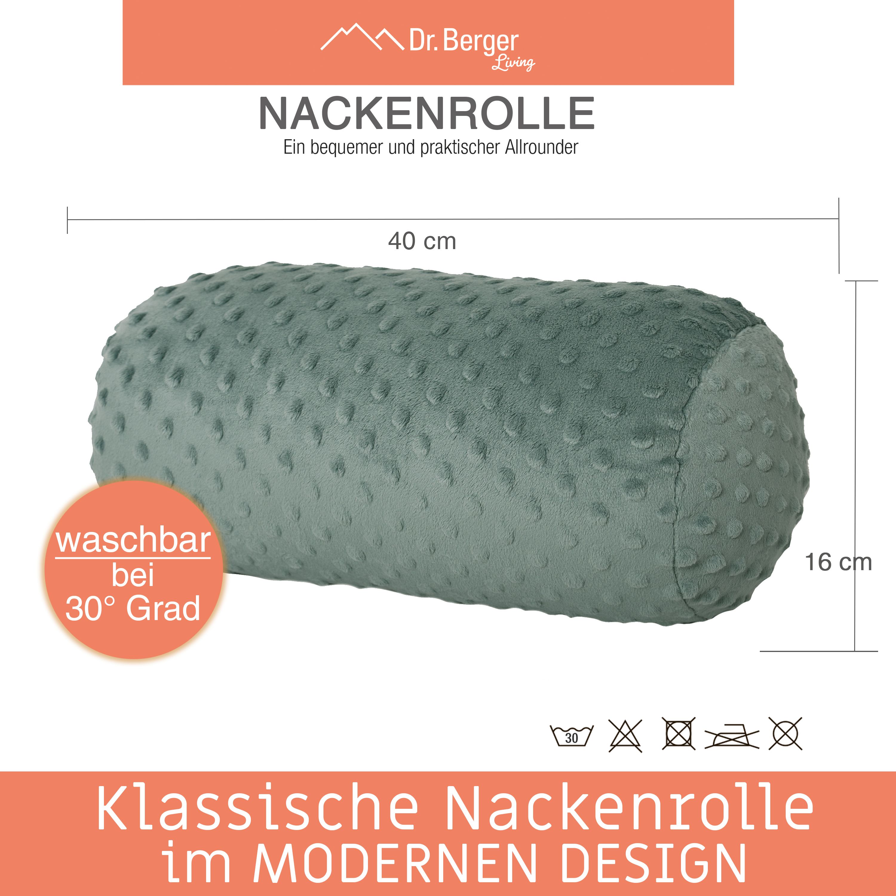 Nackenrolle, jadegrün, mit Maßangaben: 40 x 16 cm. Waschbar bei 30°C. Text: Klassische Nackenrolle im modernen Design.