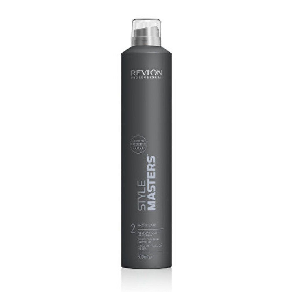 Graue Haarspray-Flasche mit weißem Deckel. Aufschrift: Revlon Professional, Style Masters, Modular 2, Medium Hold. 250ml.