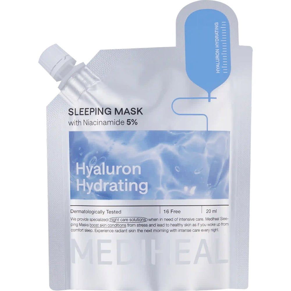 Verpackung der MEDIHEAL Hyaluron Hydrating Sleeping Mask. Beutel mit Aufdruck und Dosieröffnung. 20 ml.