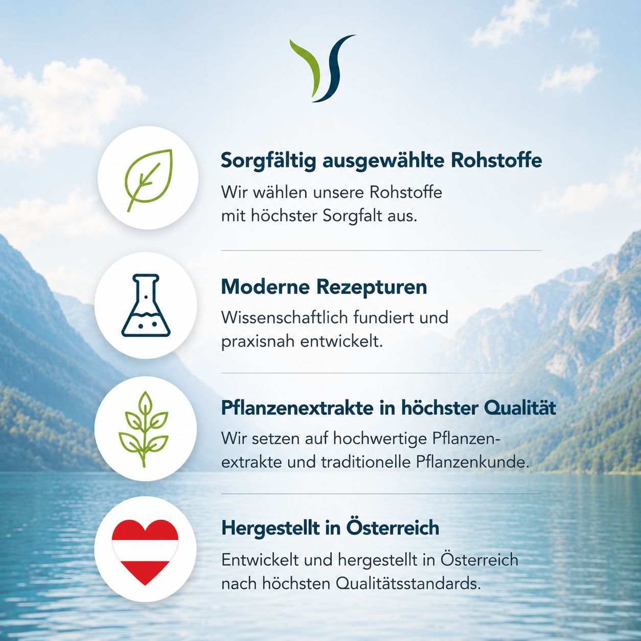 Landschaft mit See und Bergen. Text über sorgfältig ausgewählte Rohstoffe und Herstellung in Österreich.