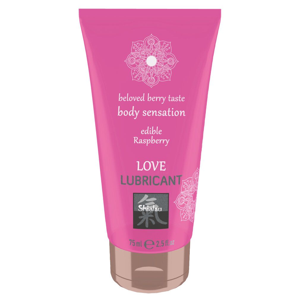 Rosa Tube mit Produkttexten. Aufschrift: beloved berry taste, body sensation, edible Raspberry, LOVE LUBRICANT, Shiatsu. 75ml/2.5 fl oz.