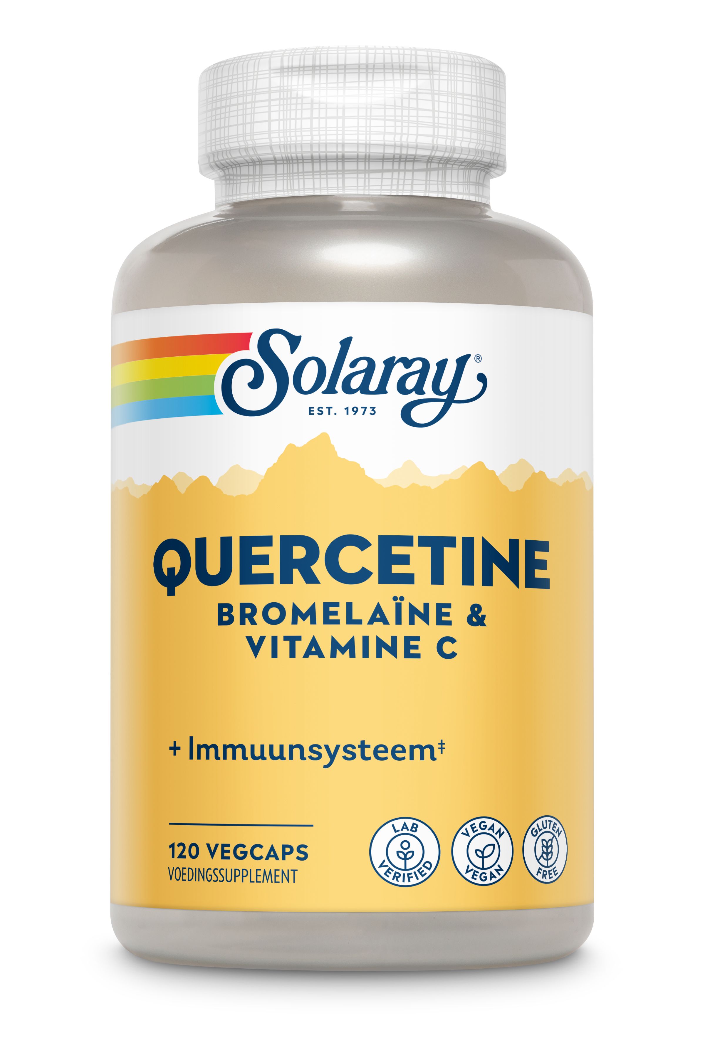 Eine Flasche mit Solaray-Nahrungsergänzungsmittel. Aufschrift: Quercetin, Bromelain & Vitamin C. 120 Vegcaps. Vegan, glutenfrei.
