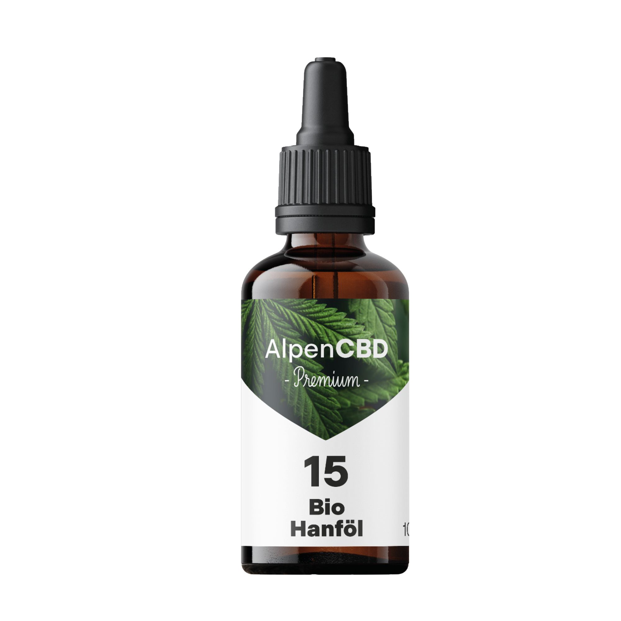 Braune Glasflasche mit Tropfer und Etikett. Auf dem Etikett steht AlpenCBD 15 Bio Hanföl.