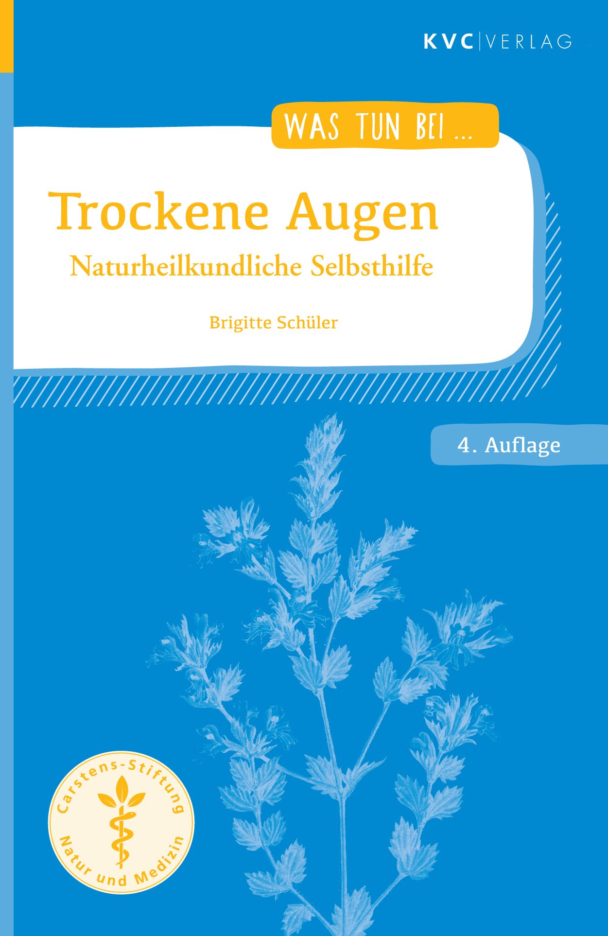 Buchcover: Titel "Trockene Augen", Autorin Brigitte Schüler. Blaue Gestaltung mit Pflanzenmotiv und Logo.