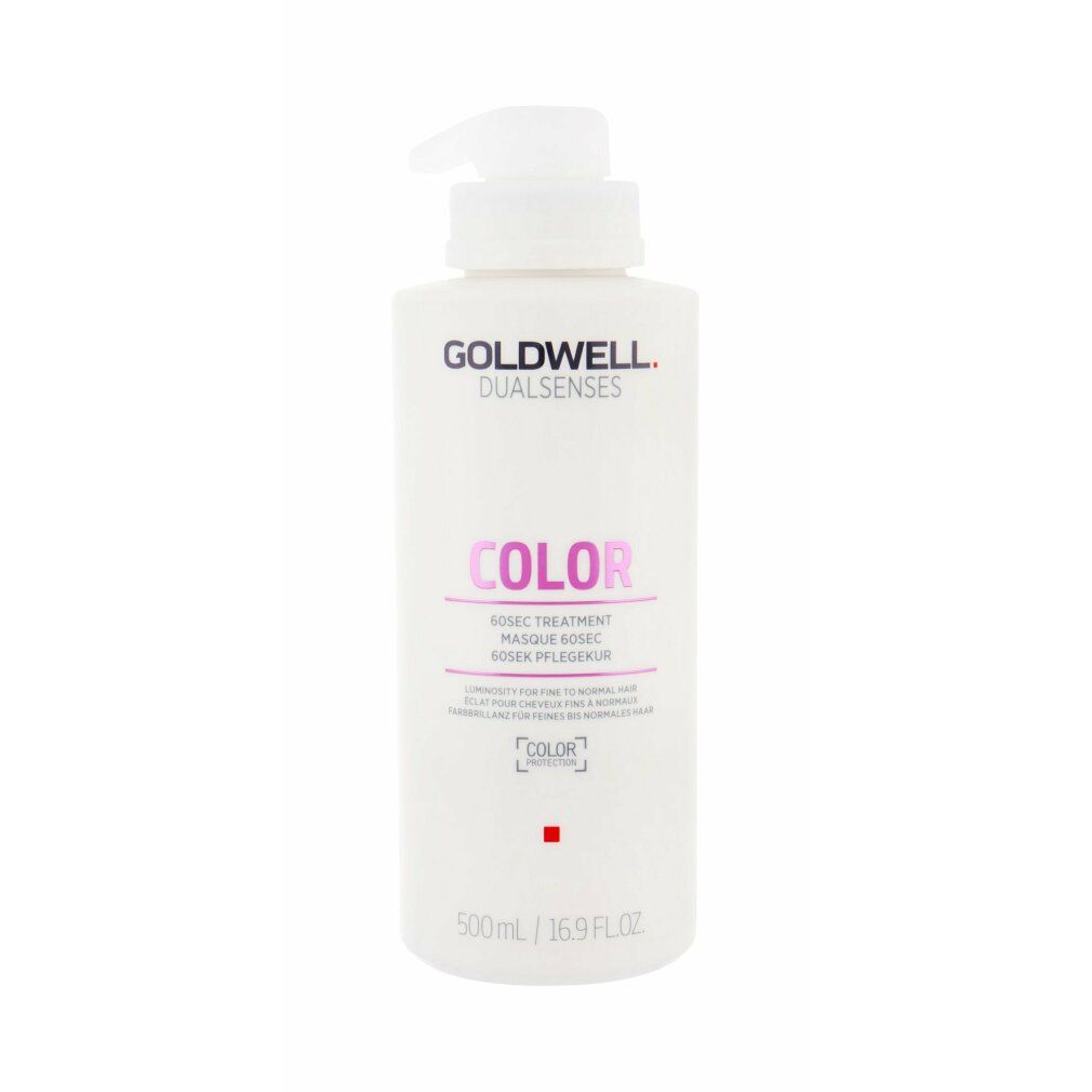Weiße Flasche mit Pumpe. Aufschrift: GOLDWELL DUALSENSES COLOR. Text und rotes Quadrat. 500ml/16.9 fl.oz.