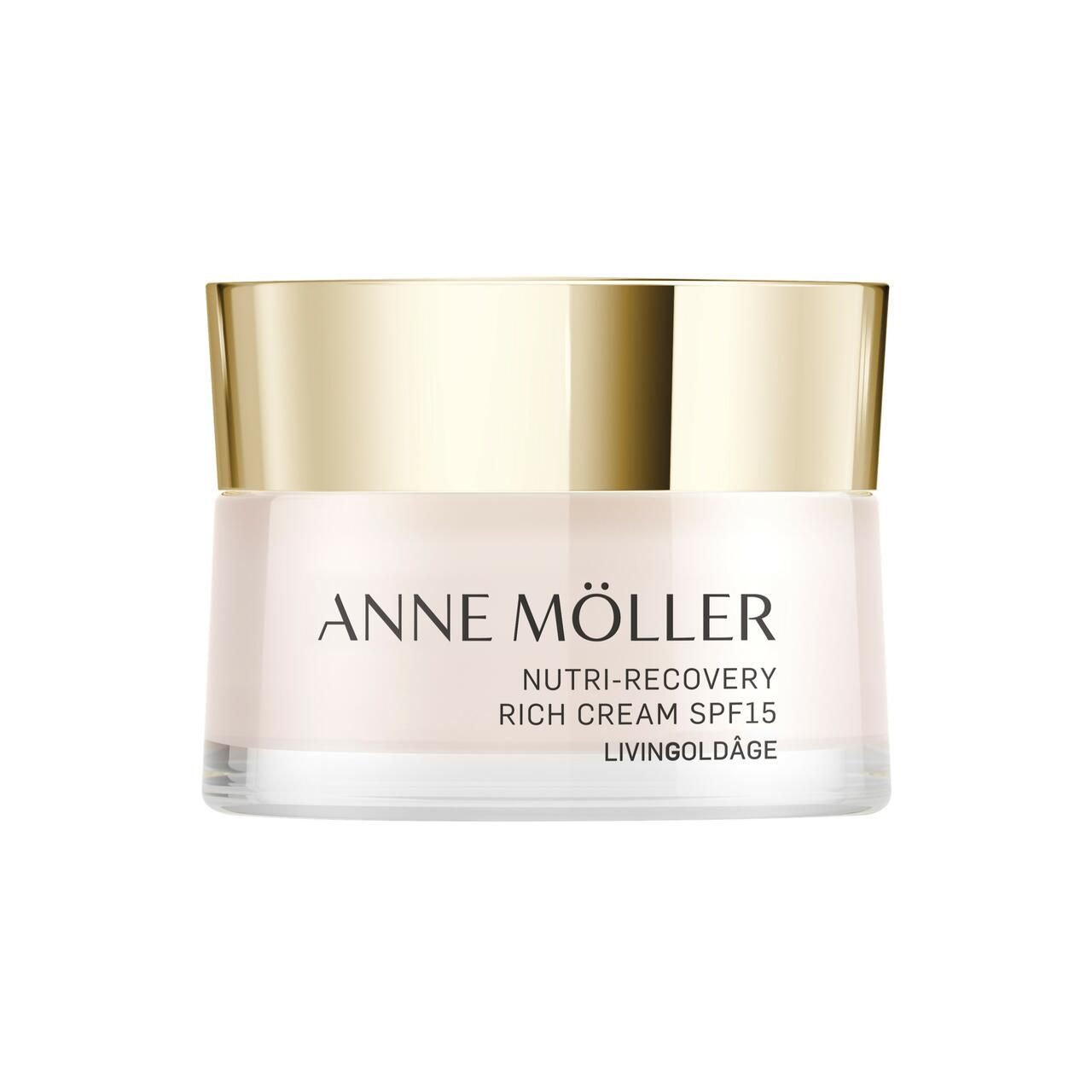 Creme-Glas mit goldenem Deckel. Aufschrift: ANNE MÖLLER, Nutri-Recovery Rich Cream SPF15, Livingoldâge.