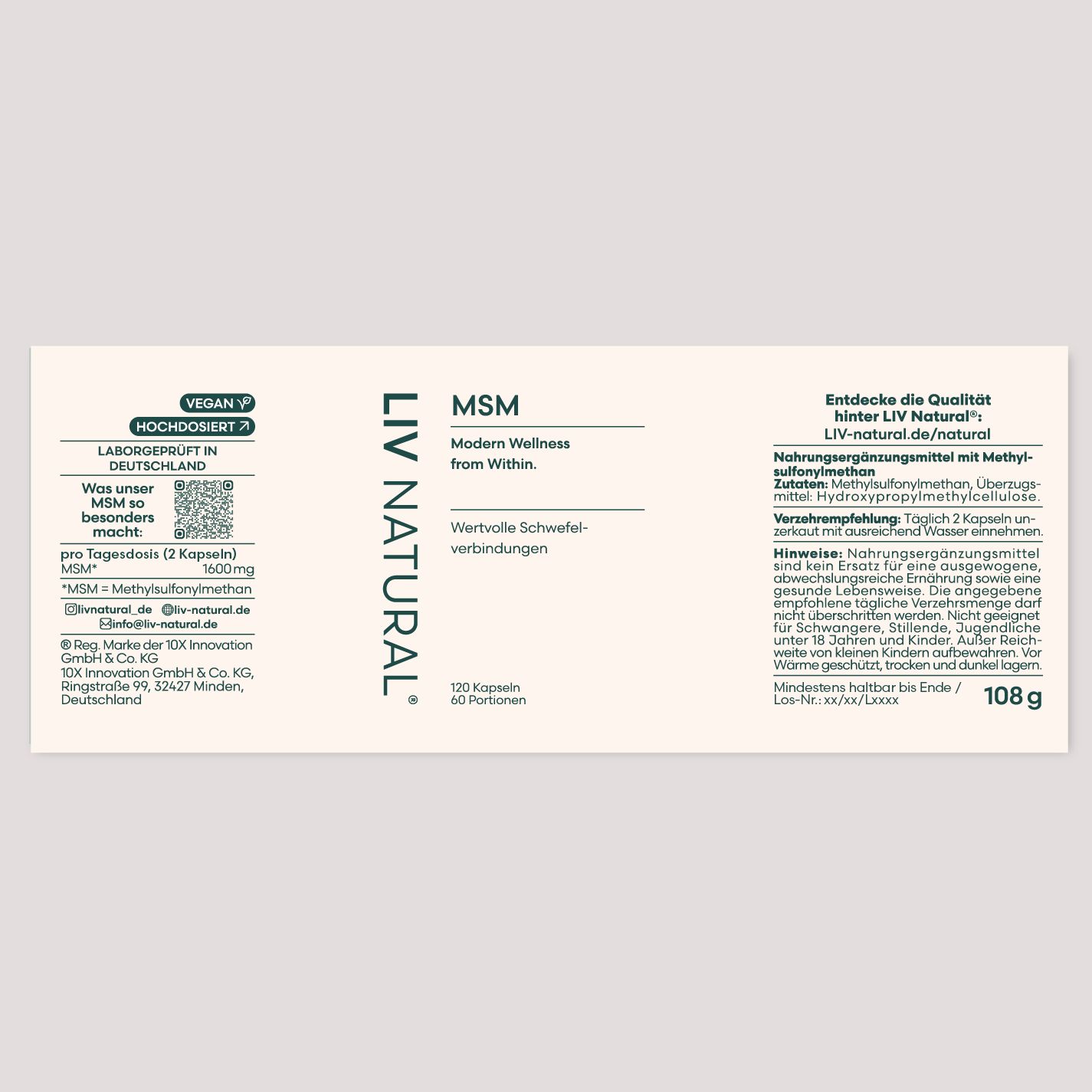 Etikett mit Text: LIV NATURAL MSM. 120 Kapseln. Vegan. Laborgeprüft. Inhaltsstoffe und Anwendungshinweise.