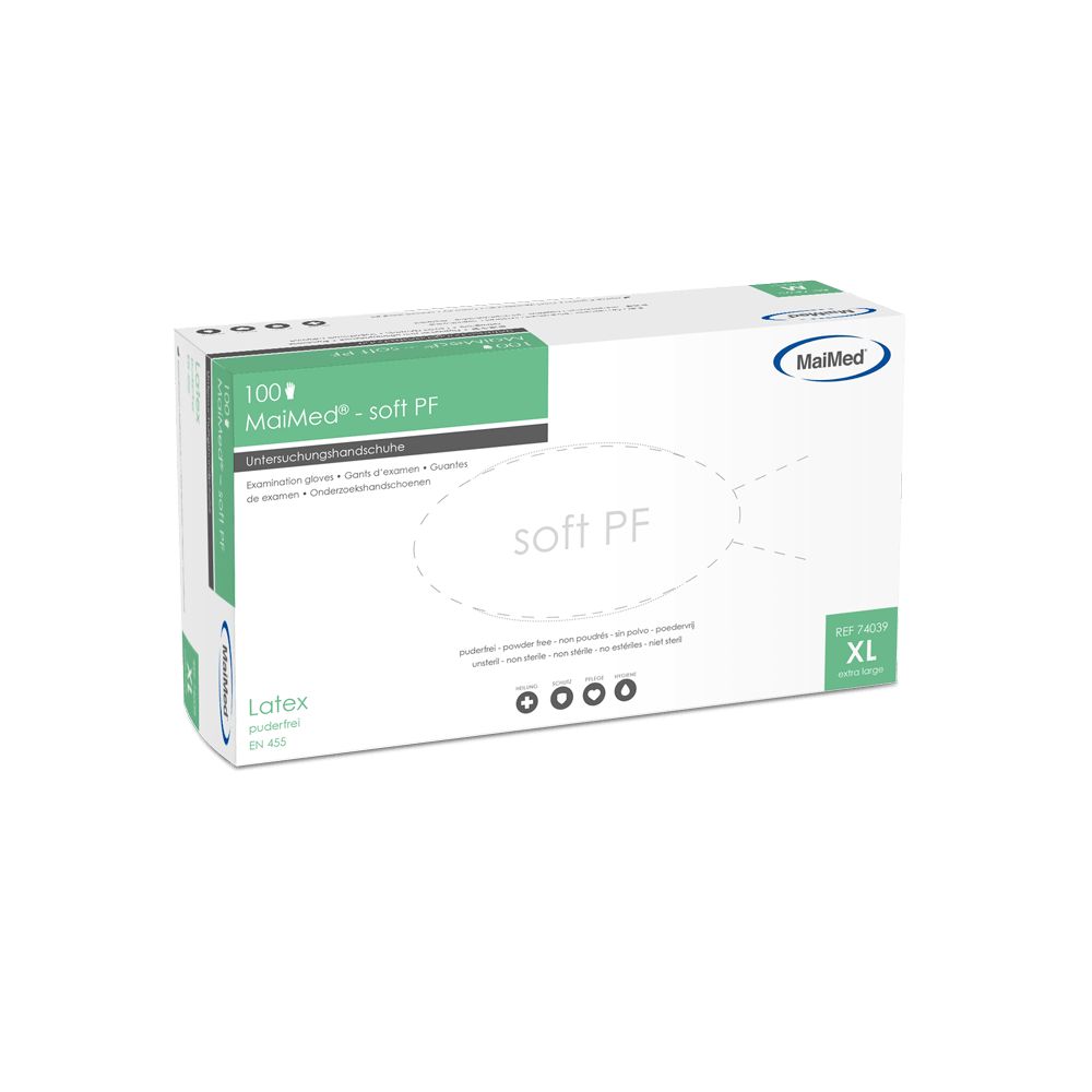 Verpackung von MaiMed soft PF Latex-Handschuhen. Box mit Aufschrift "soft PF", "XL" und "100". Marke MaiMed.