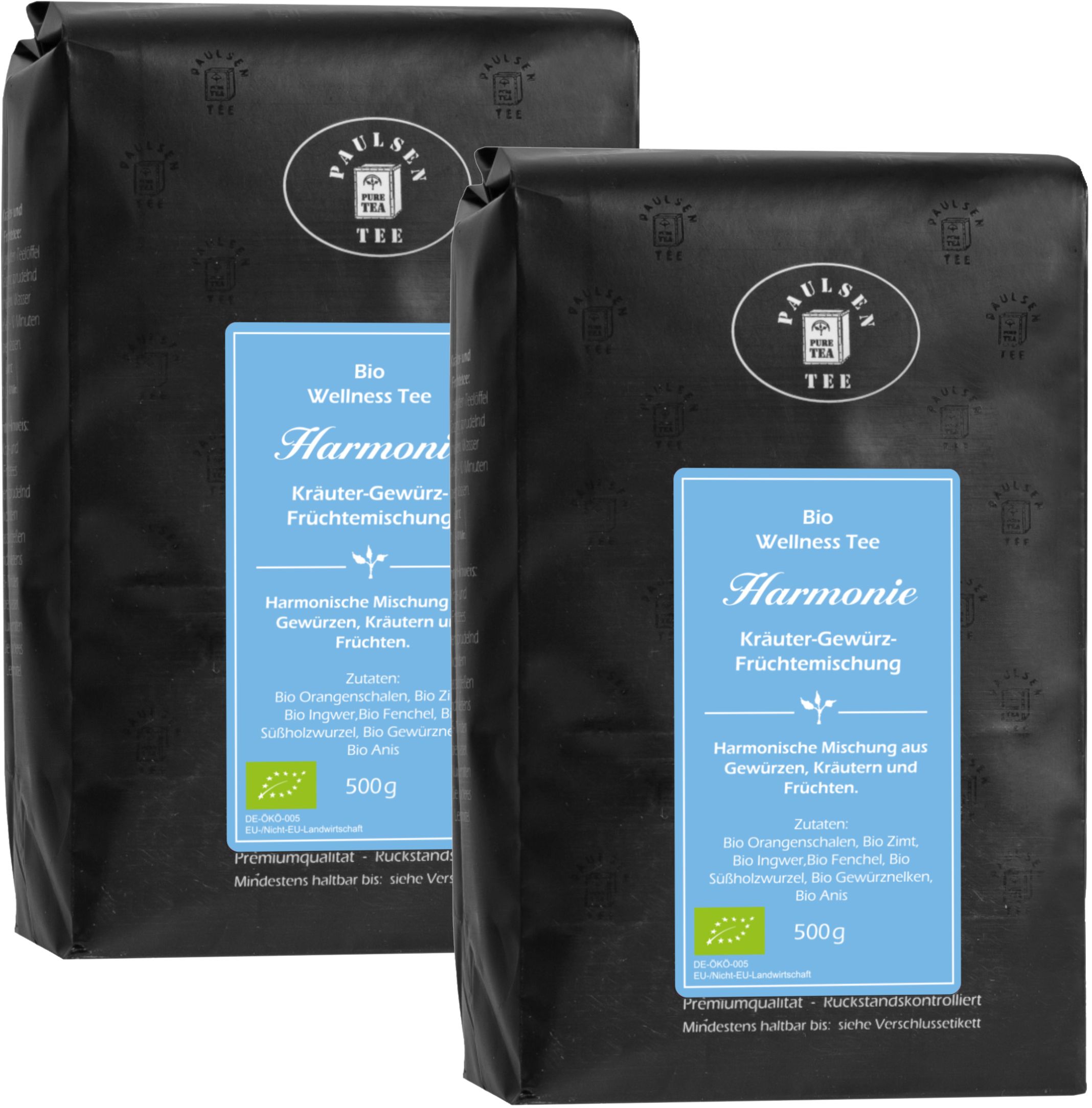Zwei schwarze Beutel mit blauem Etikett. Aufschrift: Paulsen Tee, Bio Wellness Tee Harmonie Kräuter-Gewürz-Früchtemischung. Mit Bio-Siegel.