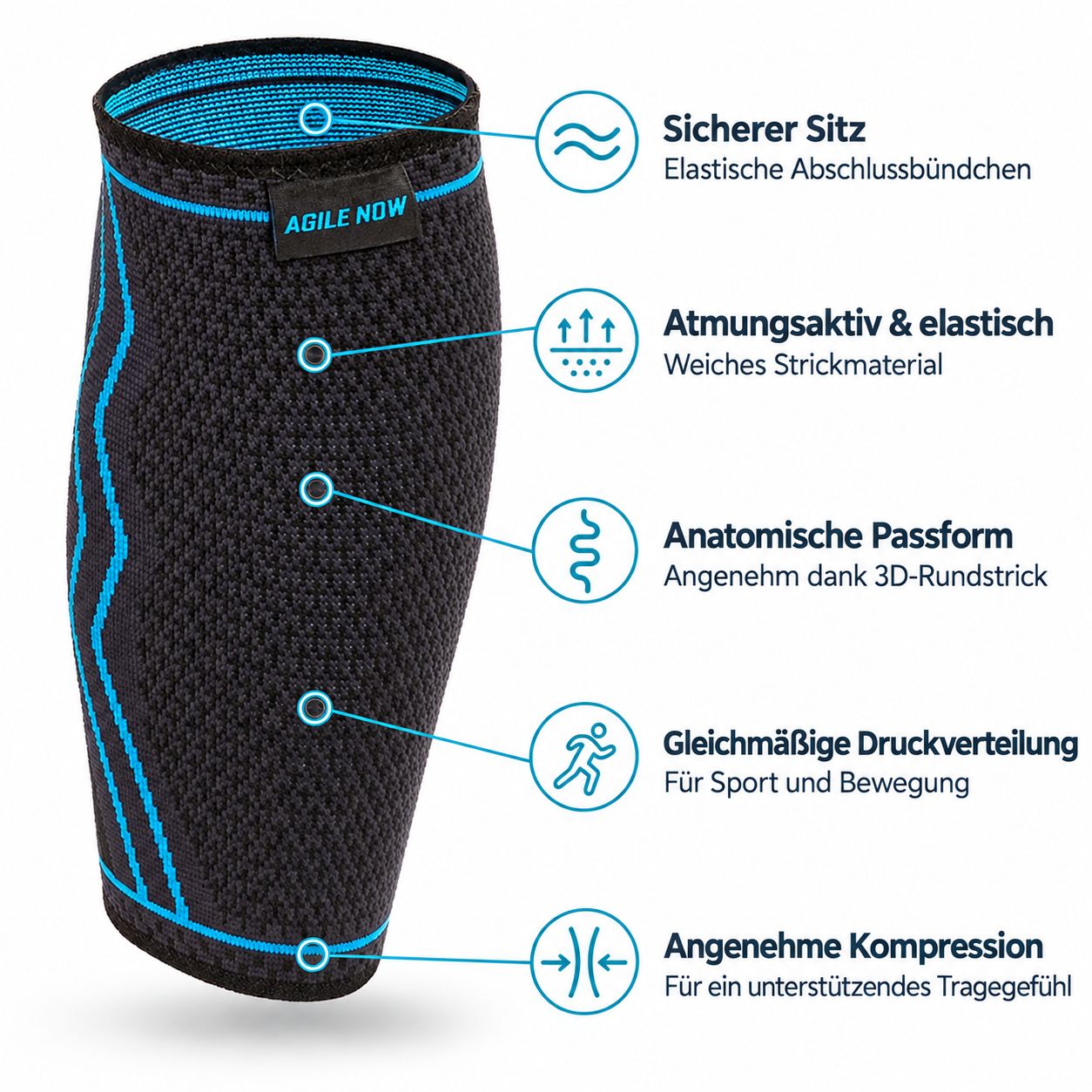 Schwarze Wadenbandage mit blauen Akzenten, atmungsaktiv und elastisch.