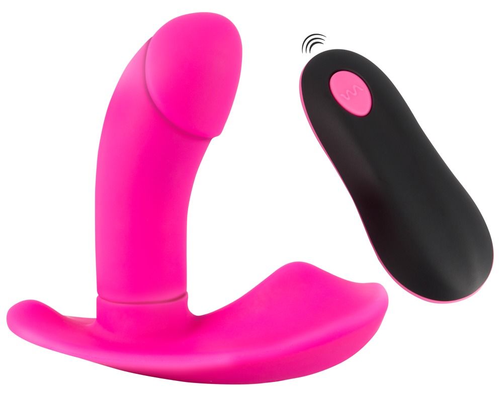 Pinkfarbener Vibrator und schwarze Fernbedienung. Fernbedienung sendet Signal.