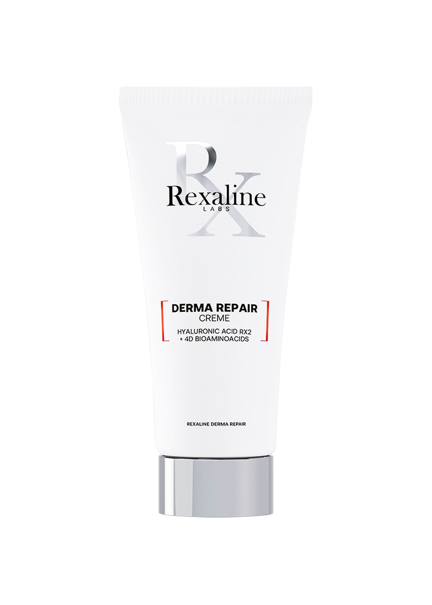 Weiße Tube mit silbernem Deckel. Aufschrift: Rexaline, Derma Repair Creme, Hyaluronsäure RX2 + 4D Bioaminosäuren.