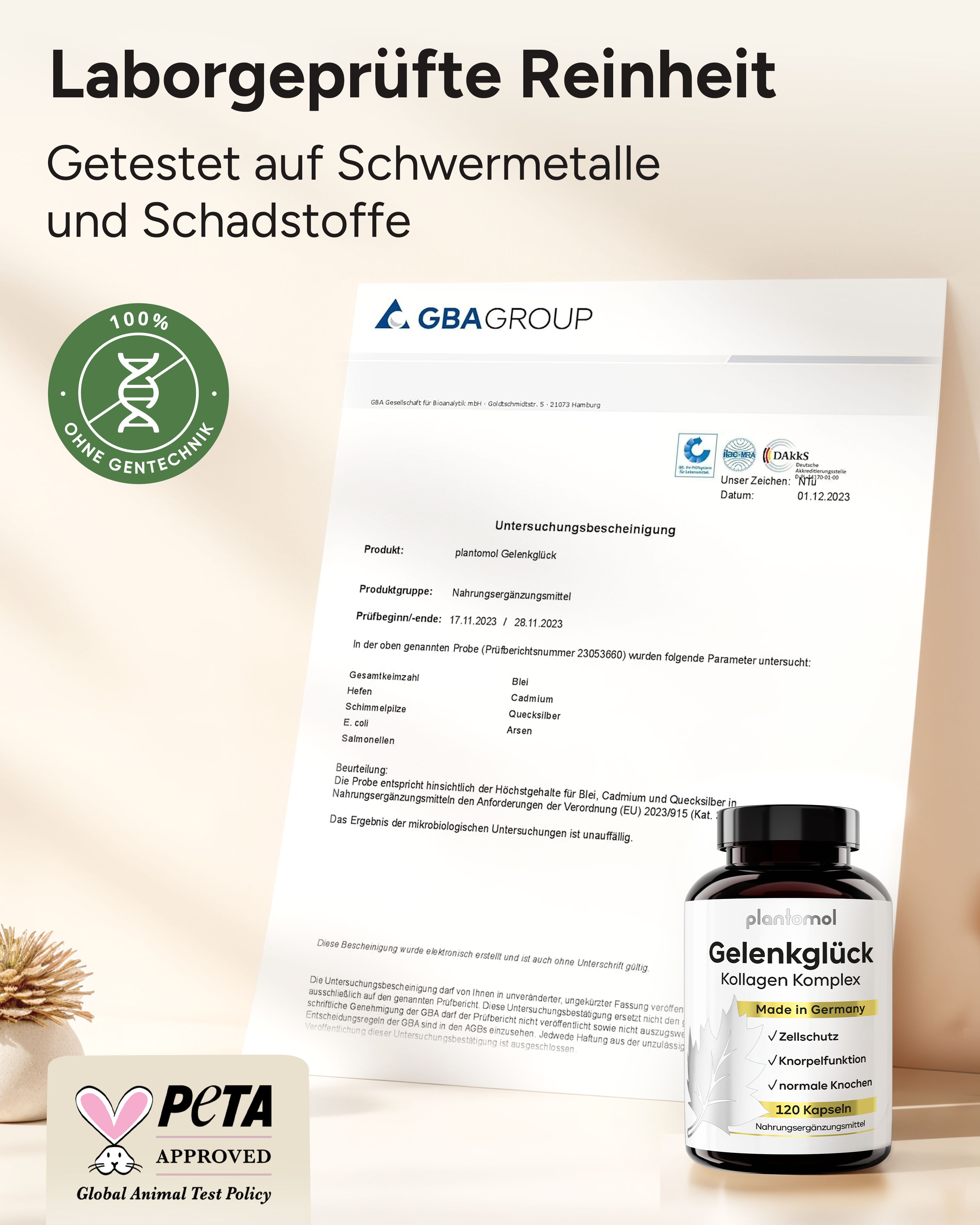 Zertifikat: Laborgeprüfte Reinheit. Getestet auf Schwermetalle und Schadstoffe. PETA-Logo. Flasche plantomol Gelenkglück.
