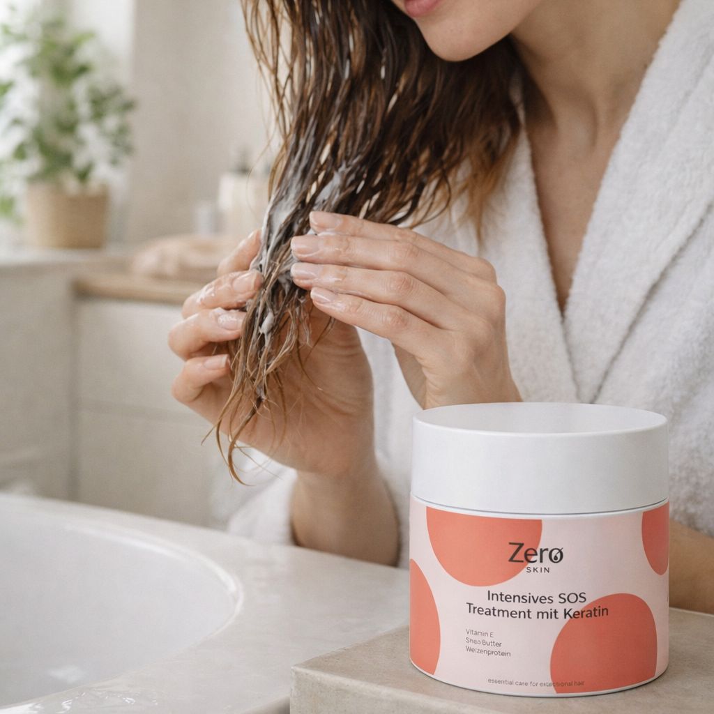 Ein Tiegel mit Zero Skin Intensives SOS Treatment mit Keratin, der auf einem Badezimmerregal steht. Eine Person trägt das Produkt ins nasse Haar auf.