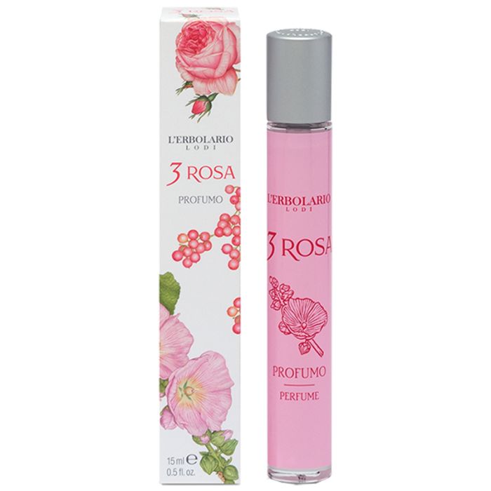 Rosa-Parfümflasche und -Verpackung. Rosa Flasche mit silbernem Deckel. Verpackung mit Rosen- und Blütenmotiven.