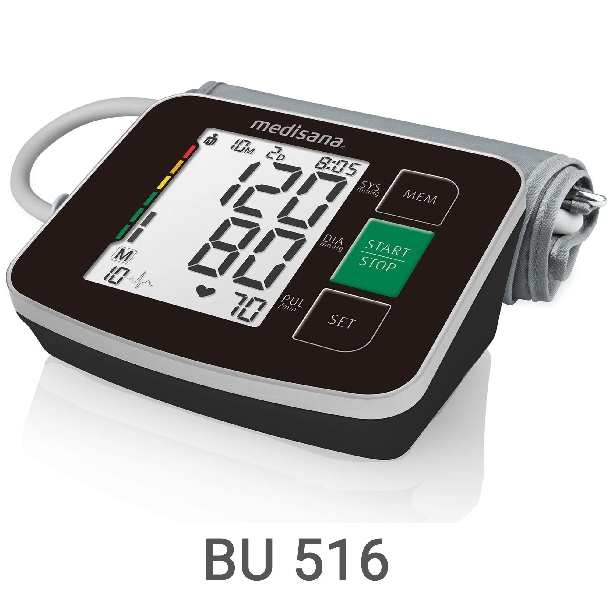 Dunkles medisana Oberarm-Blutdruckmessgerät BU 516 mit großem Display.
