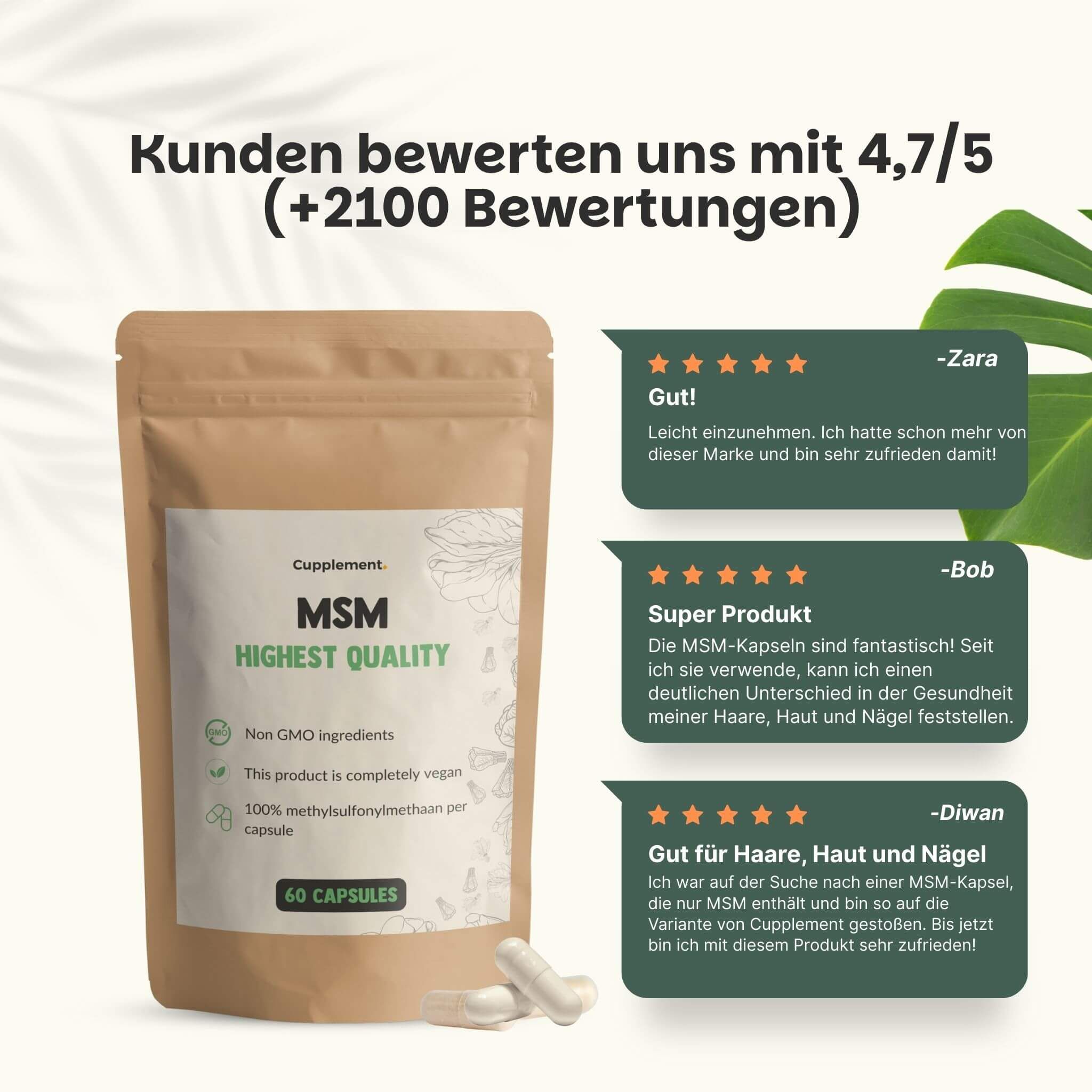 Vergleich: Cupplement-Kapseln vs. andere Anbieter. Cupplement: Kraftbeutel, vegan. Andere: Plastik.