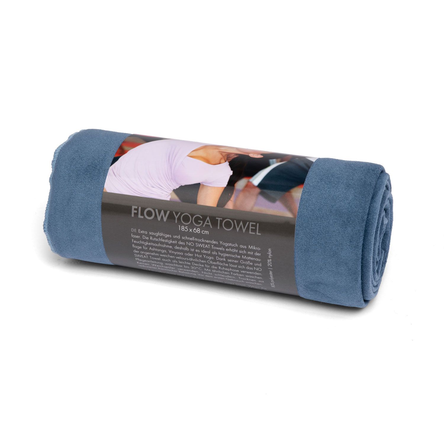 Gerolltes Yoga-Handtuch in Folie. Aufdruck mit Produktinformationen und Abbildung.