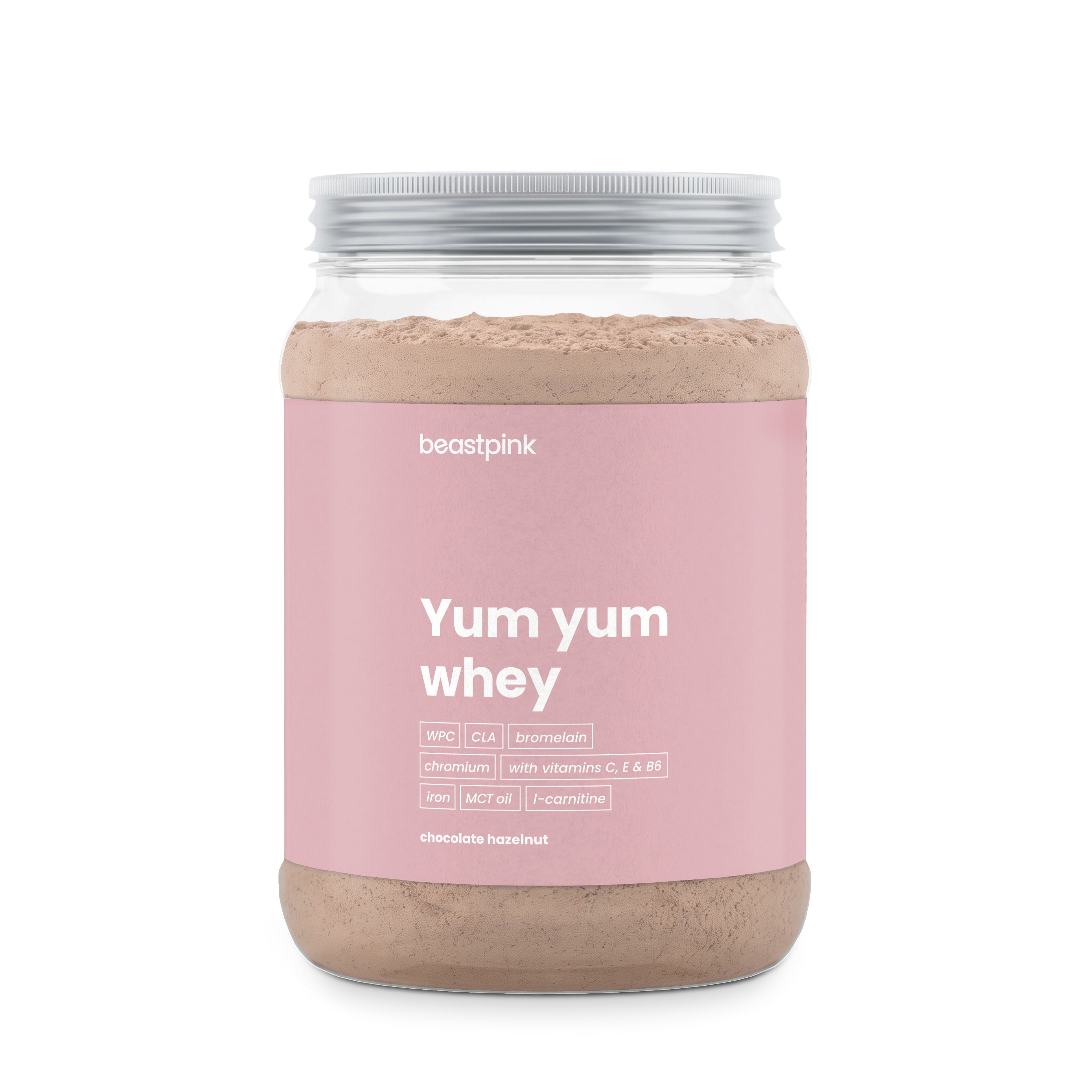 Behälter mit Beastpink Yum Yum Whey Proteinpulver in Schokolade-Haselnuss-Geschmack. Enthält MPC, CLA, Thiamin, Chrom, Vitamine C, E, K, Eisen, MCT-Öl, L-Carnitin.