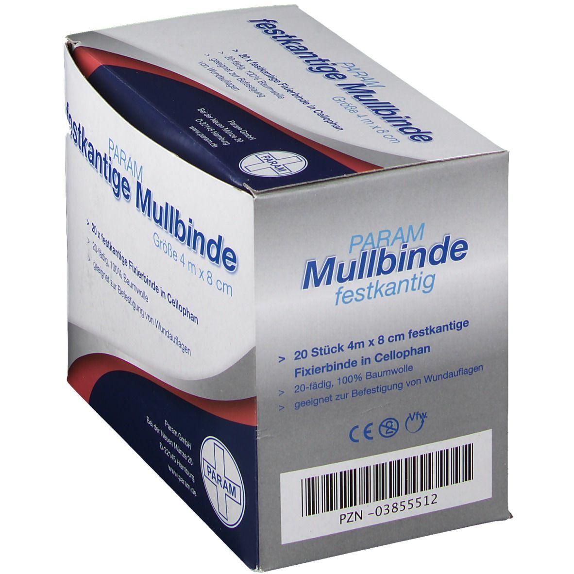 PARAM Mullbinde, festkantige Fixierbinde in Cellophan. Größe 4 m x 8 cm. Verpackung mit Produktinformationen und Logo.