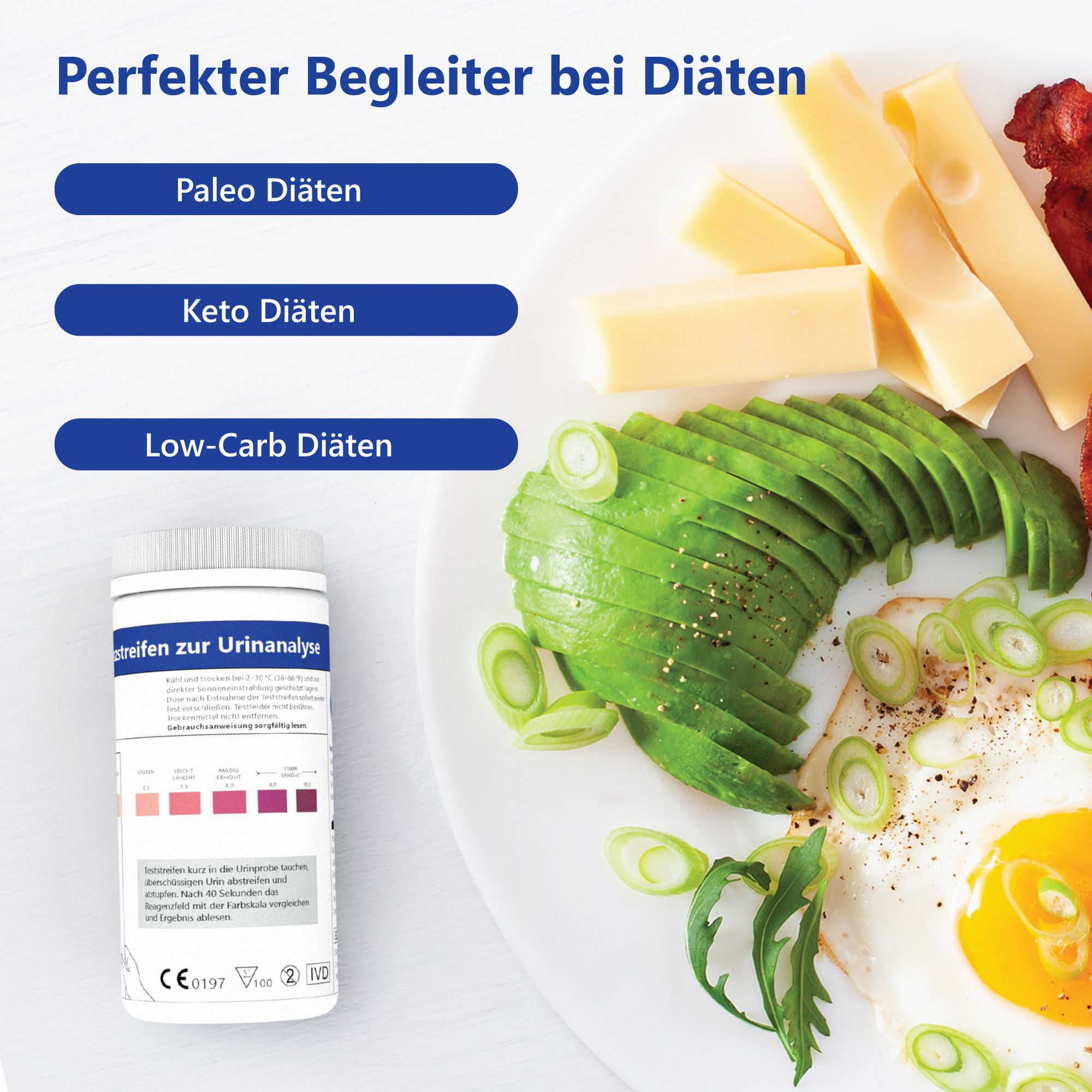 Teller mit Essen: Avocado, Eier, Käse, Speck. Teststreifen-Behälter. Aufschrift: Reagenzstreifen zur Urinanalyse. Diäten.