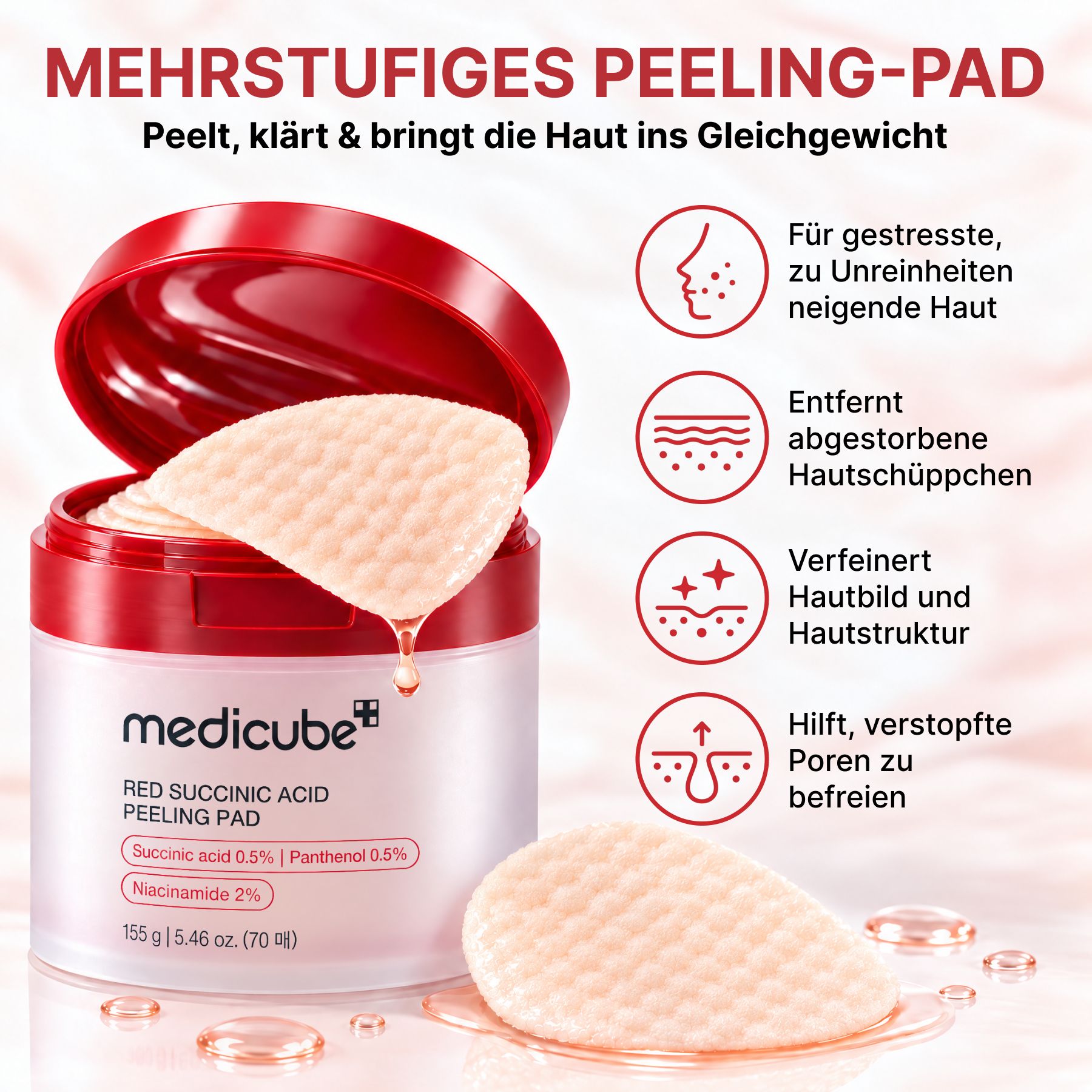 Medicube BHA, AHA SUCCINIC ACID Reinigungspads Gesichtspeeling mit Niacinamide Panthenol