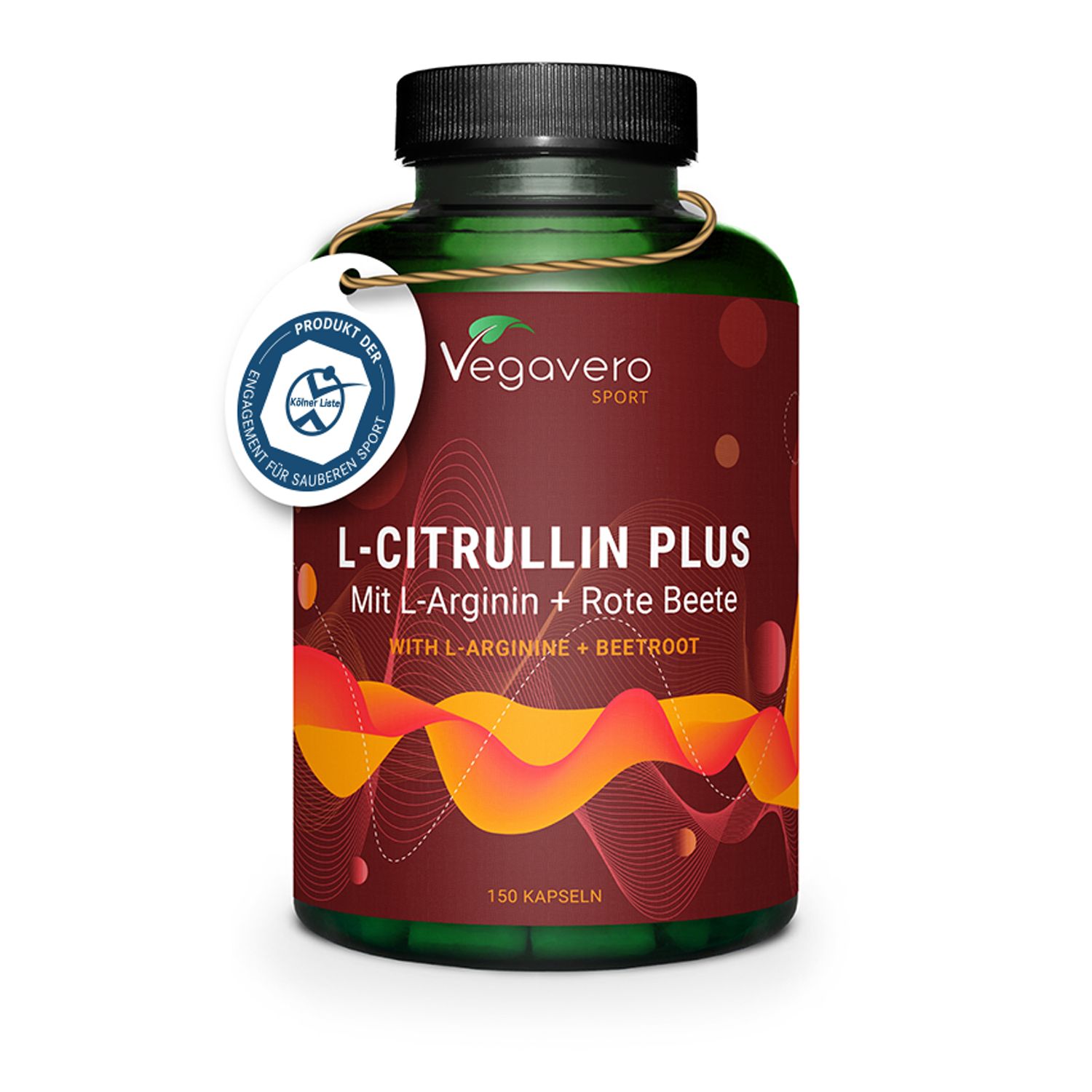 Grüne Flasche mit schwarzem Deckel. Aufschrift: L-Citrullin Plus. Mit L-Arginin + Rote Beete. Siegel: Produkt der sauberen Sport.