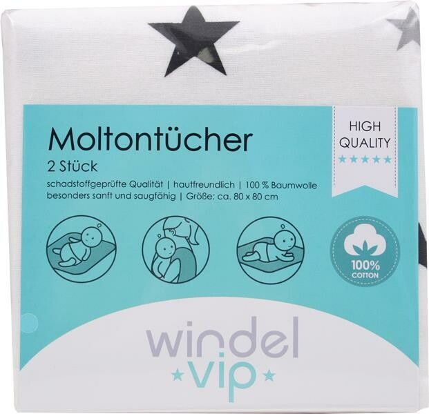 Moltontücher, 2 Stück. Weiße Tücher mit Sternenmuster. Verpackung mit Produktinformationen, darunter Größe 80x80 cm und 100% Baumwolle.
