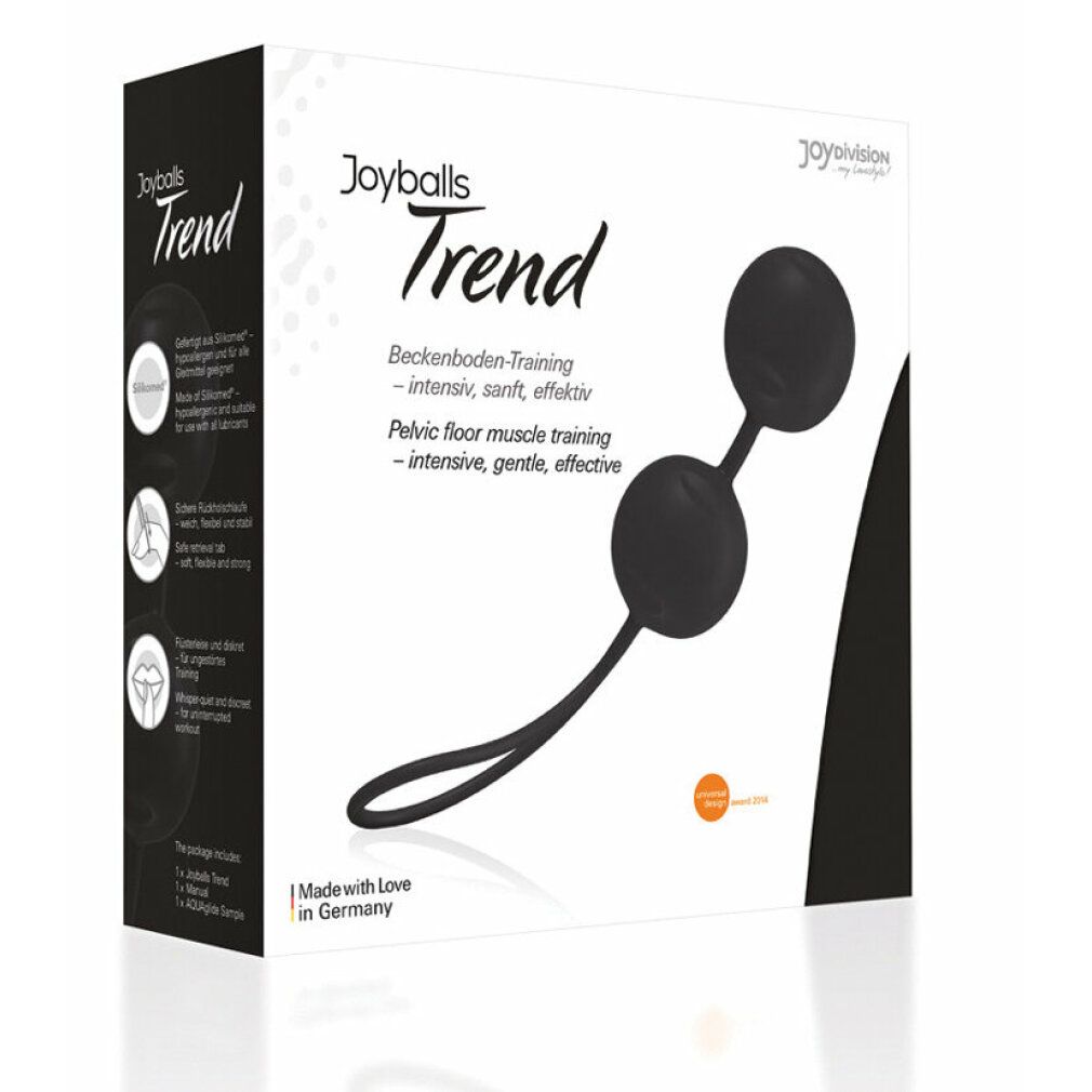 Schwarze Joyballs Trend in Verpackung. Zwei Kugeln mit Schlaufe. Aufschrift: Beckenboden-Training.