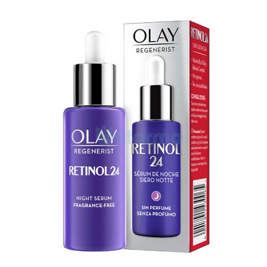 Olay Regenerist Retinol24 Nachtserum und Verpackung. Lila Flasche und Schachtel. Produktname und Marke deutlich sichtbar.