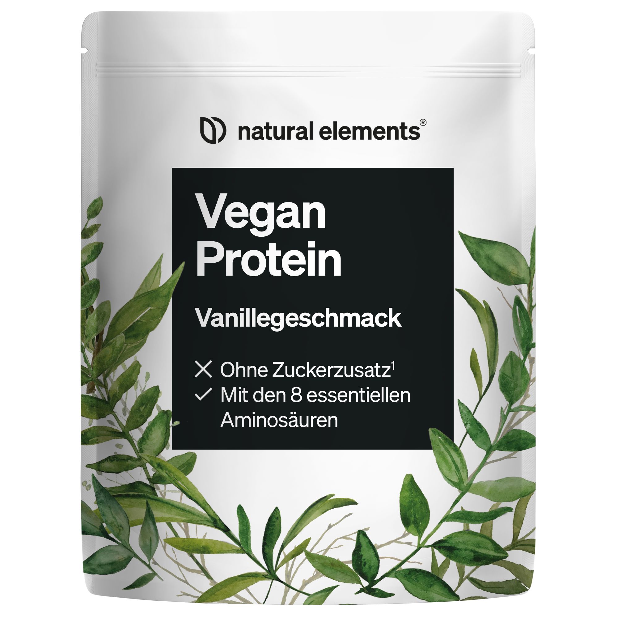 Beutel mit veganem Protein. Aufschrift: Vegan Protein Vanillegeschmack. Ohne Zuckerzusatz. Mit 8 essentiellen Aminosäuren. Grünpflanzen-Dekor.
