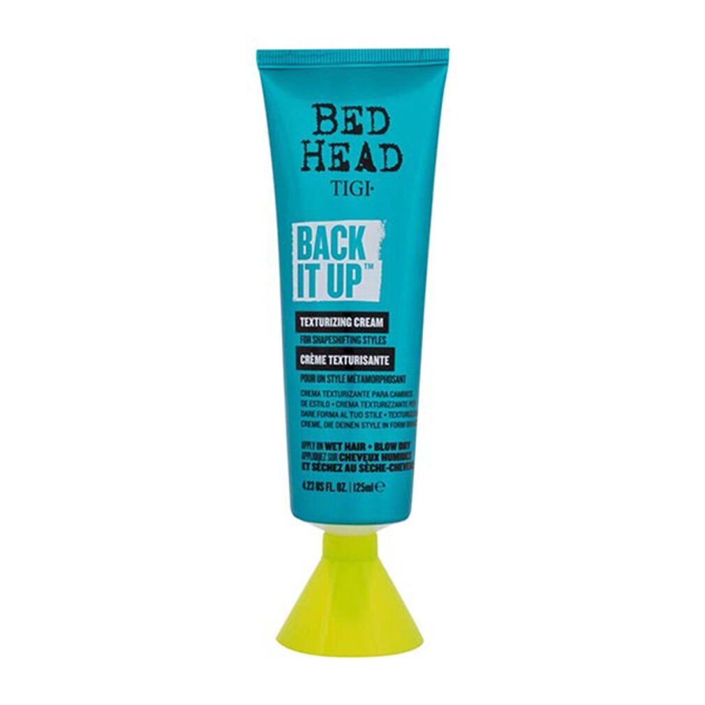 Türkisfarbene Tube mit gelbem Fuß. Aufschrift: Bed Head, TIGI, Back It Up Texturizing Cream. 125ml.