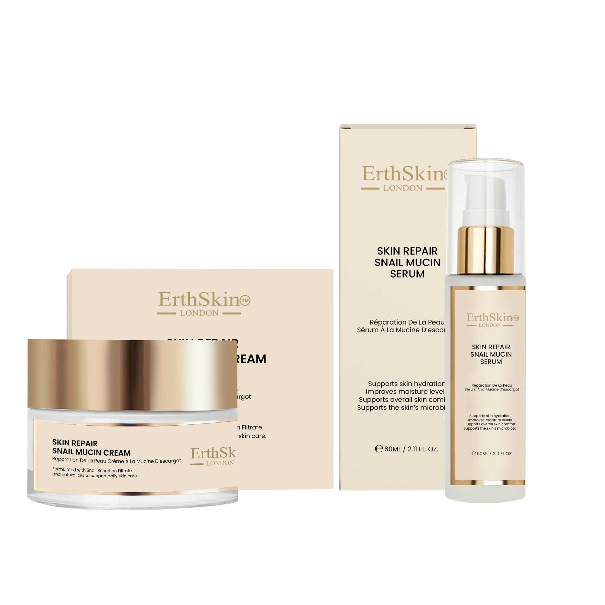 ErthSkin London Hautregenerationscreme und Serum mit Schneckenextrakt.