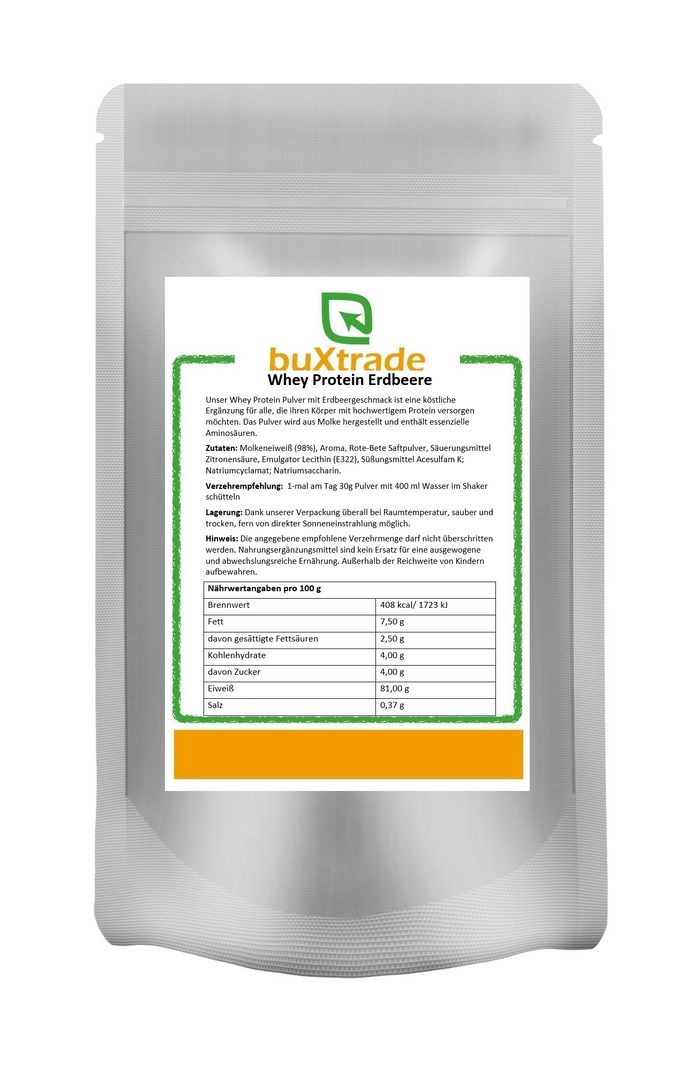 Beutel mit Produktetikett. Aufschrift: buXtrade Whey Protein Erdbeere. Enthält Nährwertangaben.