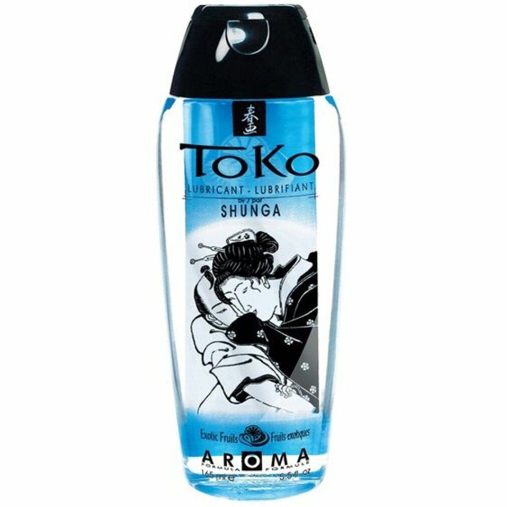 Flüssiges Gleitmittel in einer Flasche mit schwarzem Deckel. Aufschrift: Toko, Shunga, Aroma Exotic Fruits. Abbildung: Frau.