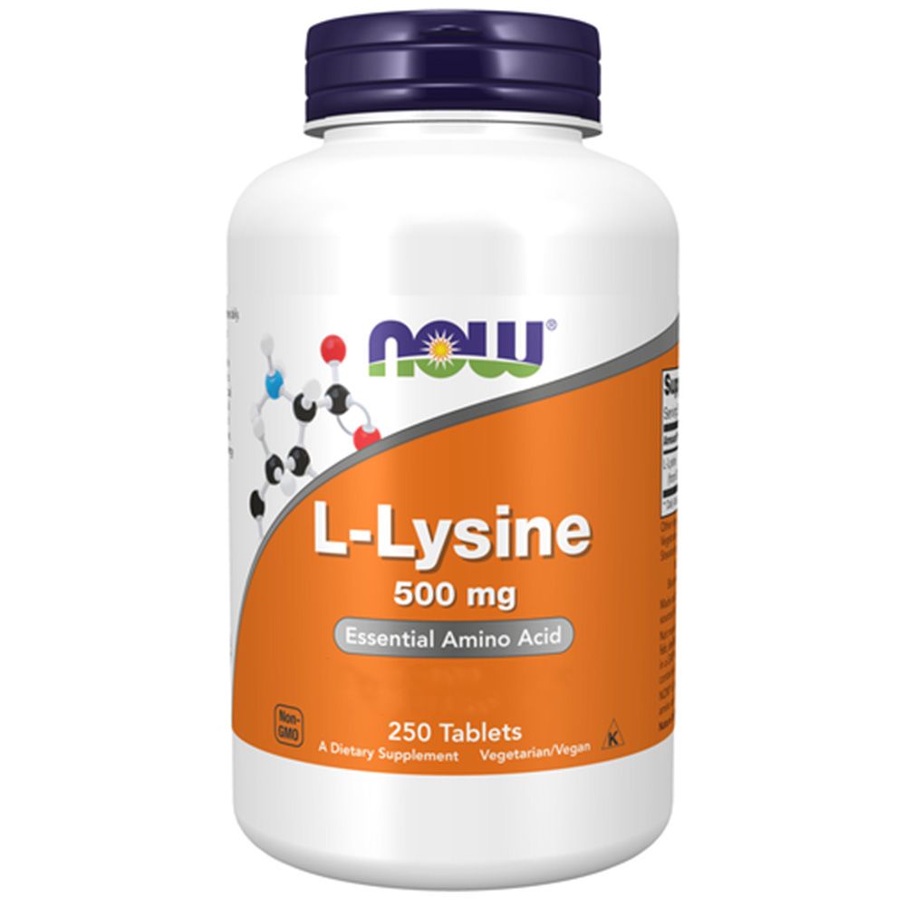 Weiße Flasche mit blauem Deckel. Aufdruck: Now, L-Lysine, 500mg, 250 Tabletten. Orangefarbenes Etikett mit Produktinformationen.