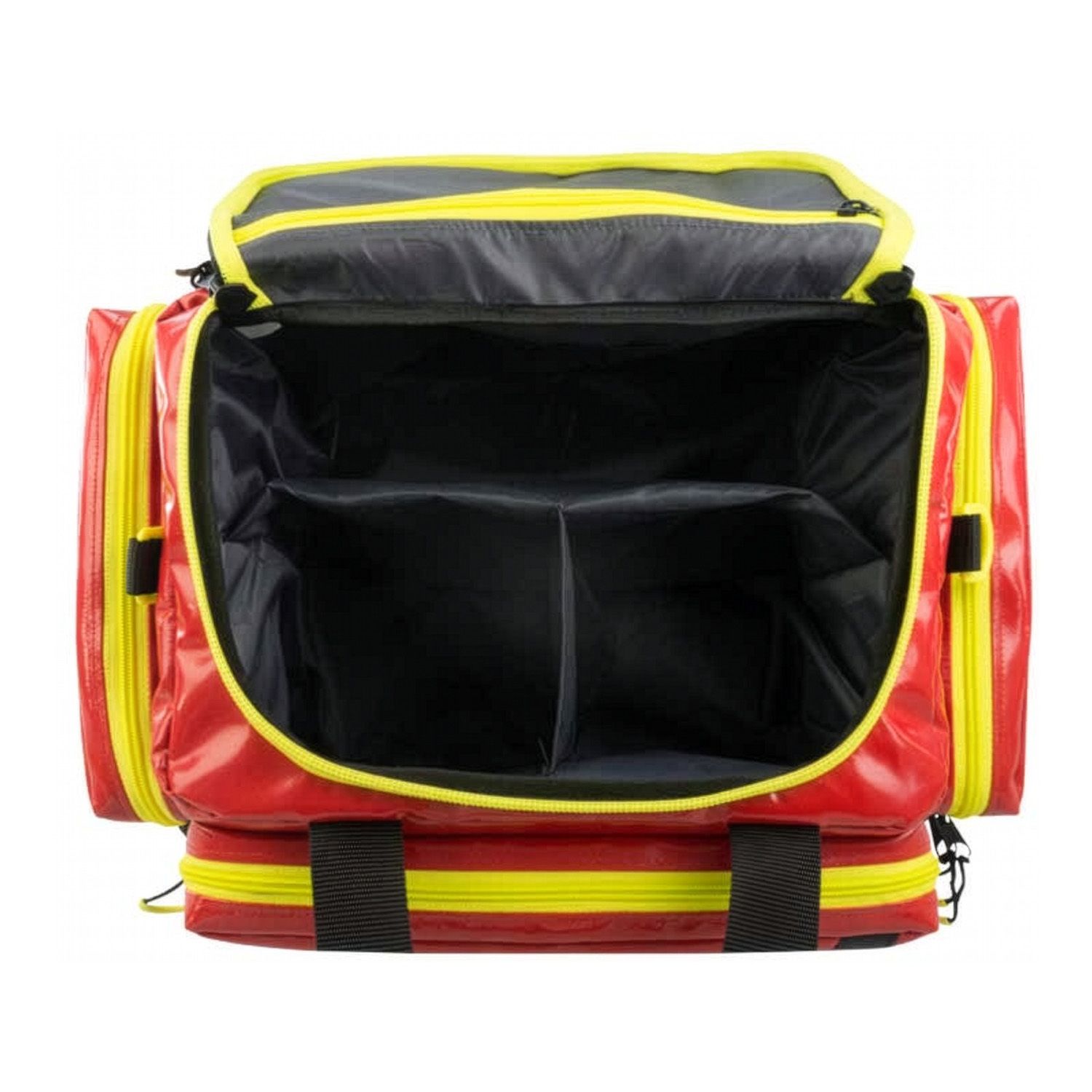 Offene rote Notfalltasche. Innenraum mit Fächern. Gelbe Reißverschlüsse und schwarze Details.