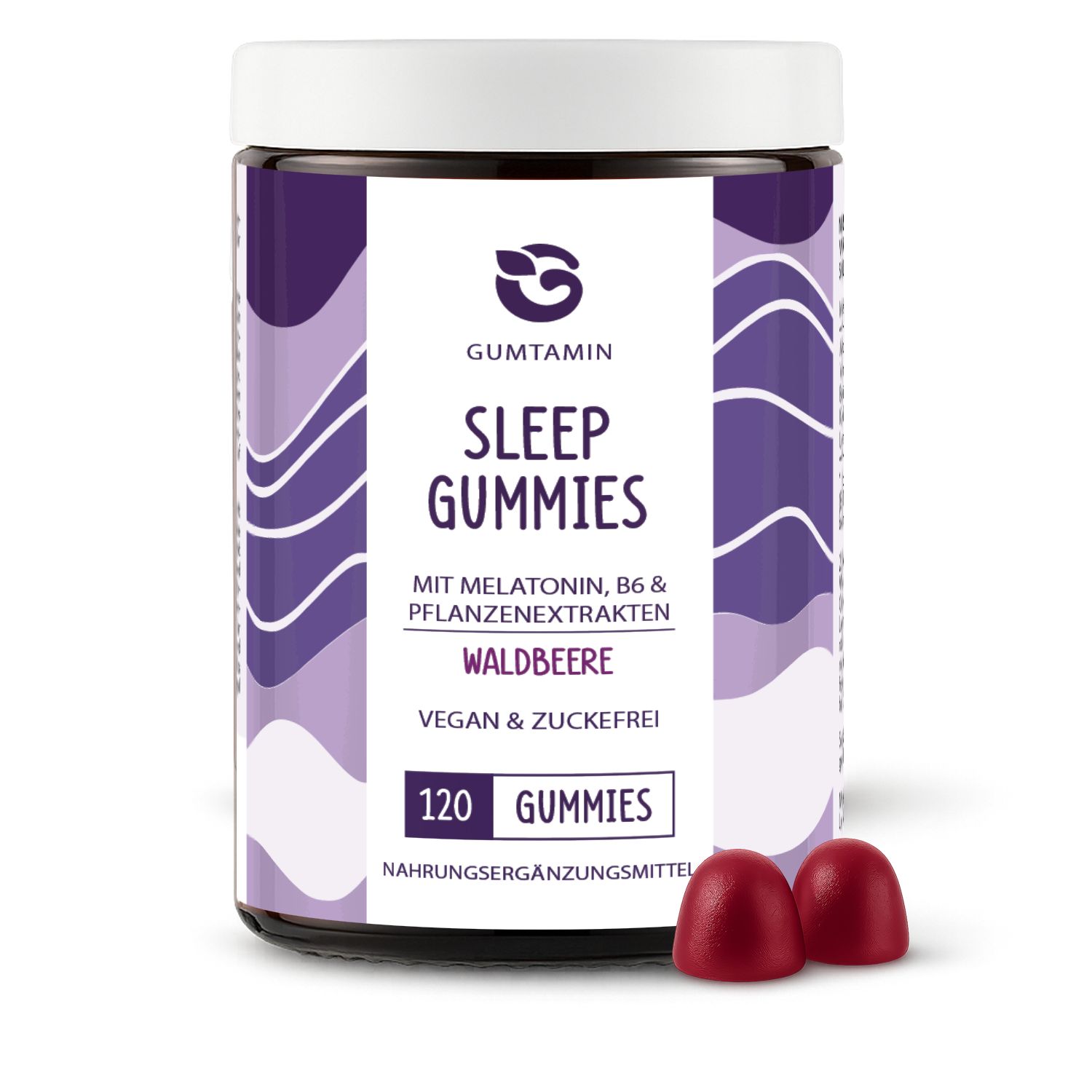 Glas Sleep Gummies und zwei Gummies. Aufschrift: Sleep Gummies, Waldbeere, 120 Gummies. Text: Mit Melatonin, B6 & Pflanzenextrakten. Vegan & zuckerfrei.