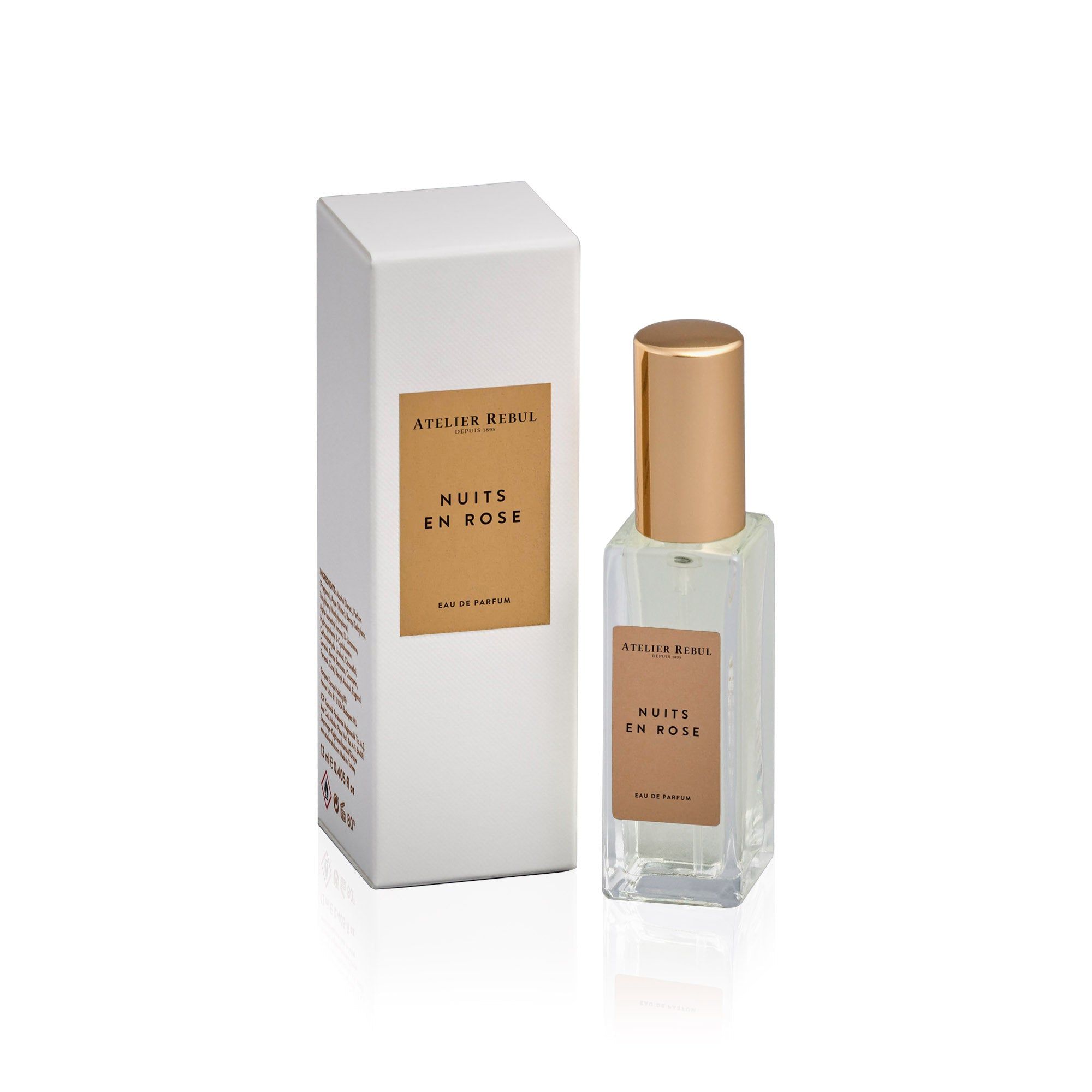 Parfümflakon neben weißer Schachtel. Flakon mit goldenem Verschluss, rechteckig. Aufschrift: Atelier Rebul, Nuits en Rose, Eau de Parfum.