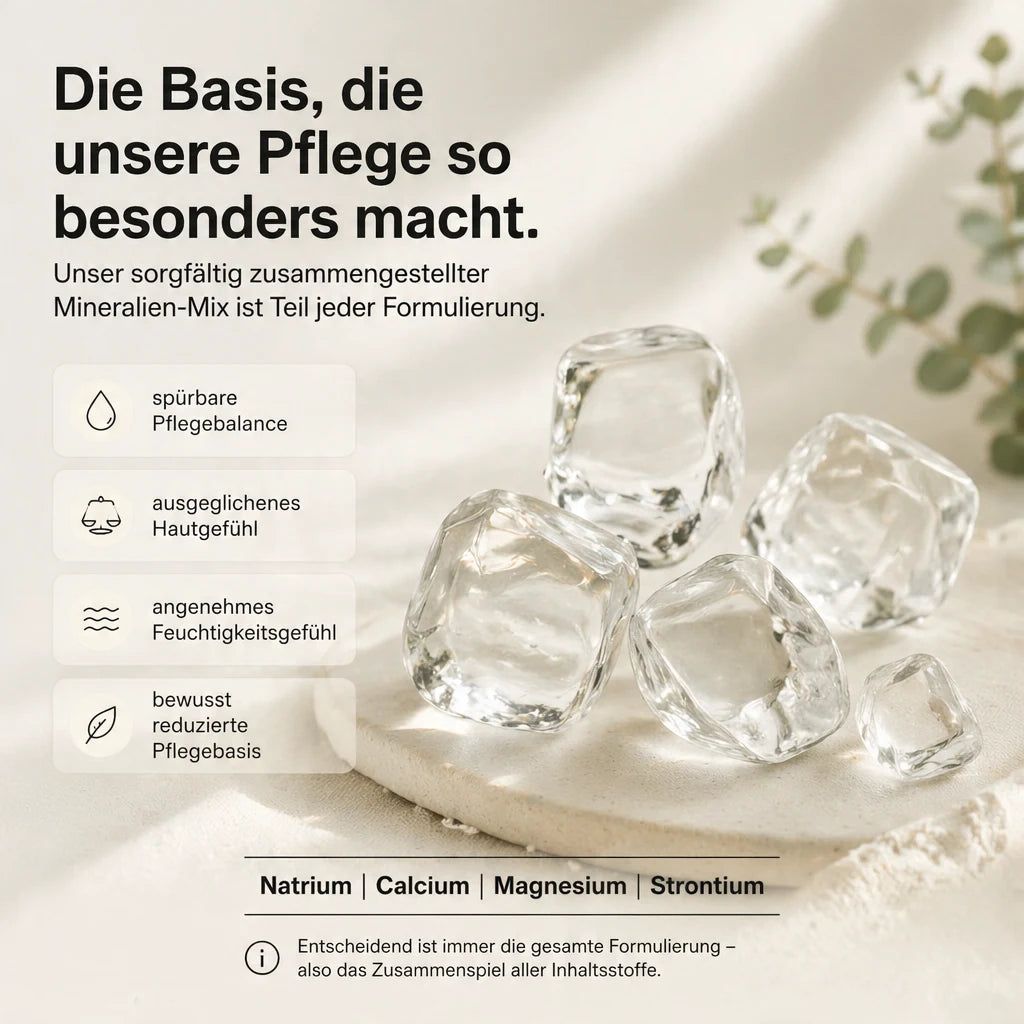 Pflegebasis mit Mineralienmix: Natrium, Calcium, Magnesium, Strontium für ausgeglichenes Hautgefühl.